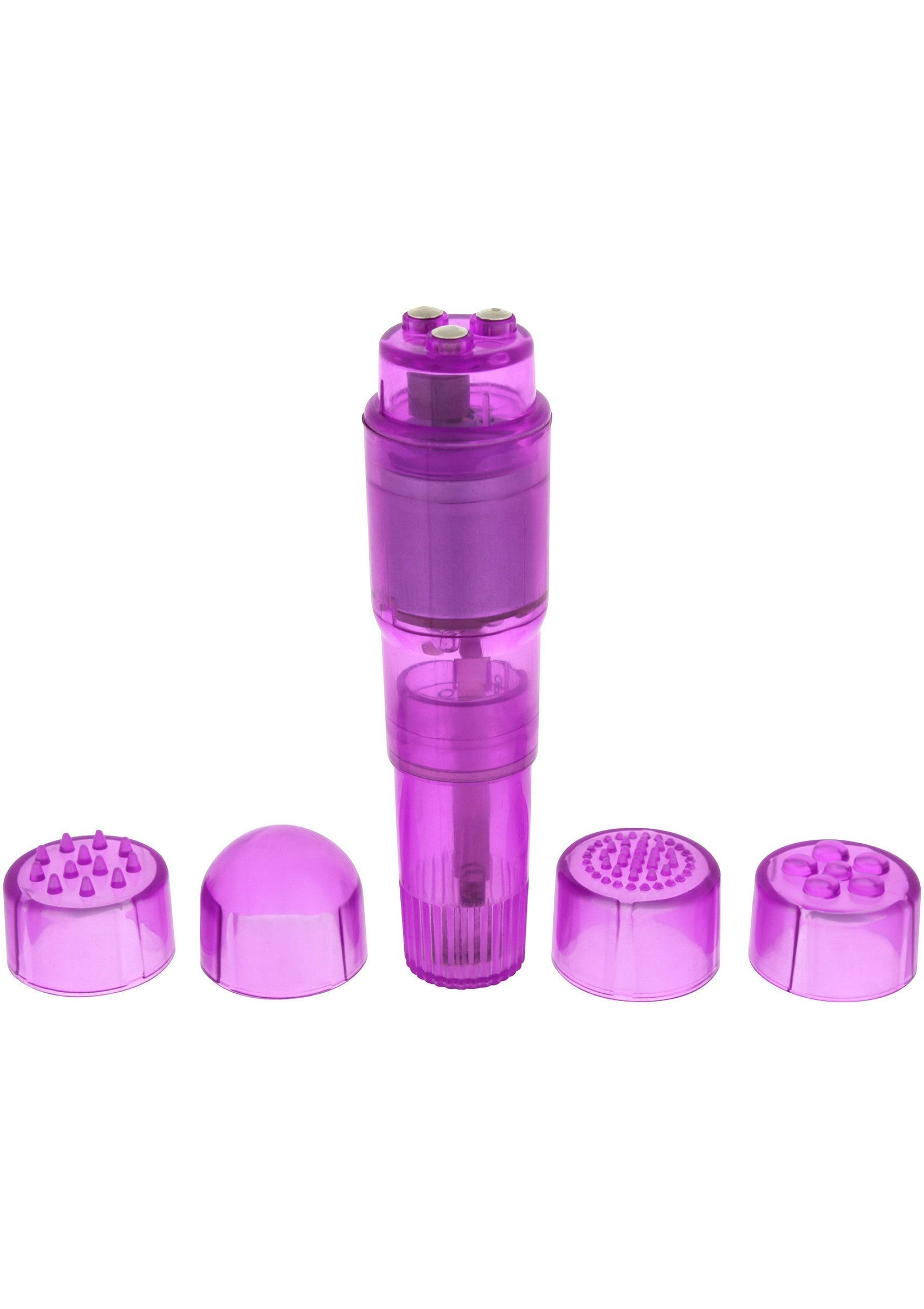 Masseur vibrant violet avec embouts interchangeables pour une expérience personnalisée.; Paarse vibrerende massageapparaat met verwisselbare opzetstukken voor een persoonlijke ervaring.; Purple vibrating massager with interchangeable heads for a personalized experience.