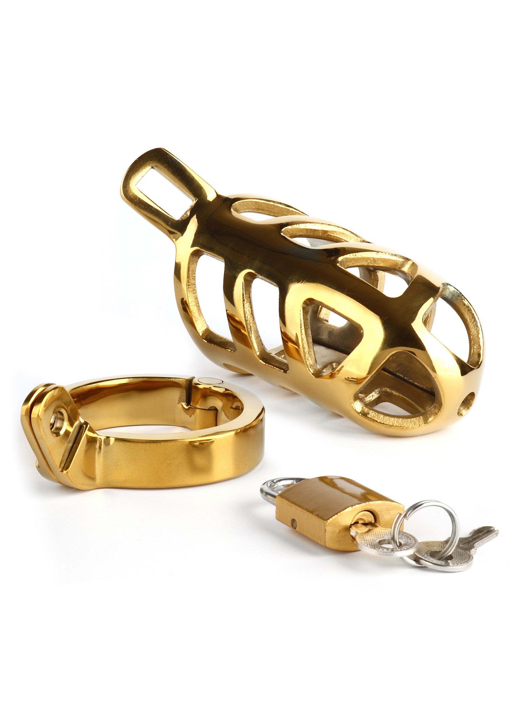 Cage de chasteté masculine dorée avec cadenas et clés. Dispositif de contrôle et de soumission.; Gouden kuisheidskooi voor mannen met slot en sleutels. Onderwerping en controle apparaat.; Gold male chastity cage with lock and keys. Submission and control device.