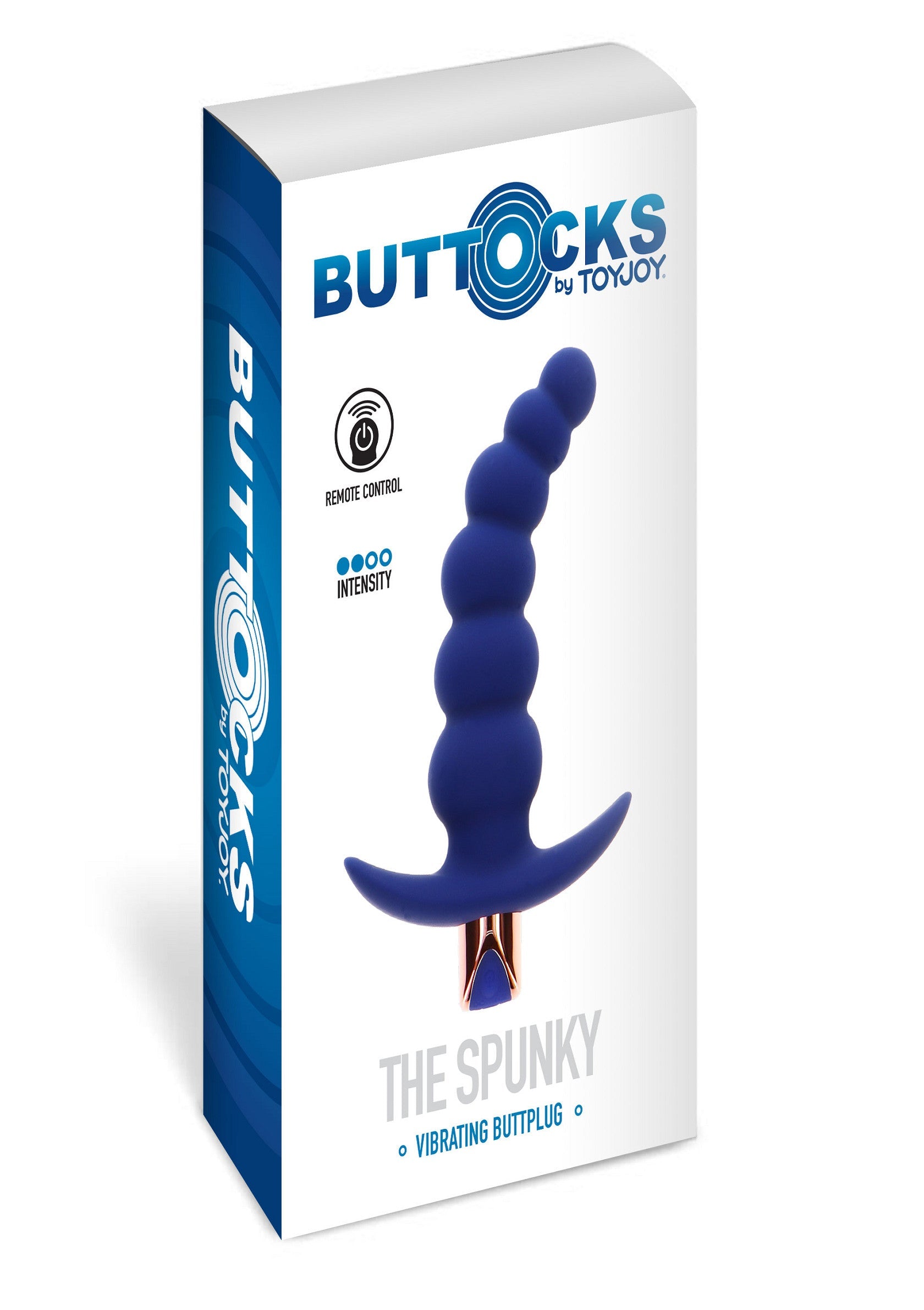 Buttplug vibrant bleu 'The Spunky' de ToyJoy Buttoocks, avec télécommande et intensité réglable. Pour le plaisir anal.; Blauwe vibrerende buttplug 'The Spunky' van ToyJoy Buttoocks, met afstandsbediening en instelbare intensiteit. Voor anaal genot.; Blue 'The Spunky' vibrating buttplug by ToyJoy Buttoocks, with remote control and adjustable intensity. For anal pleasure.