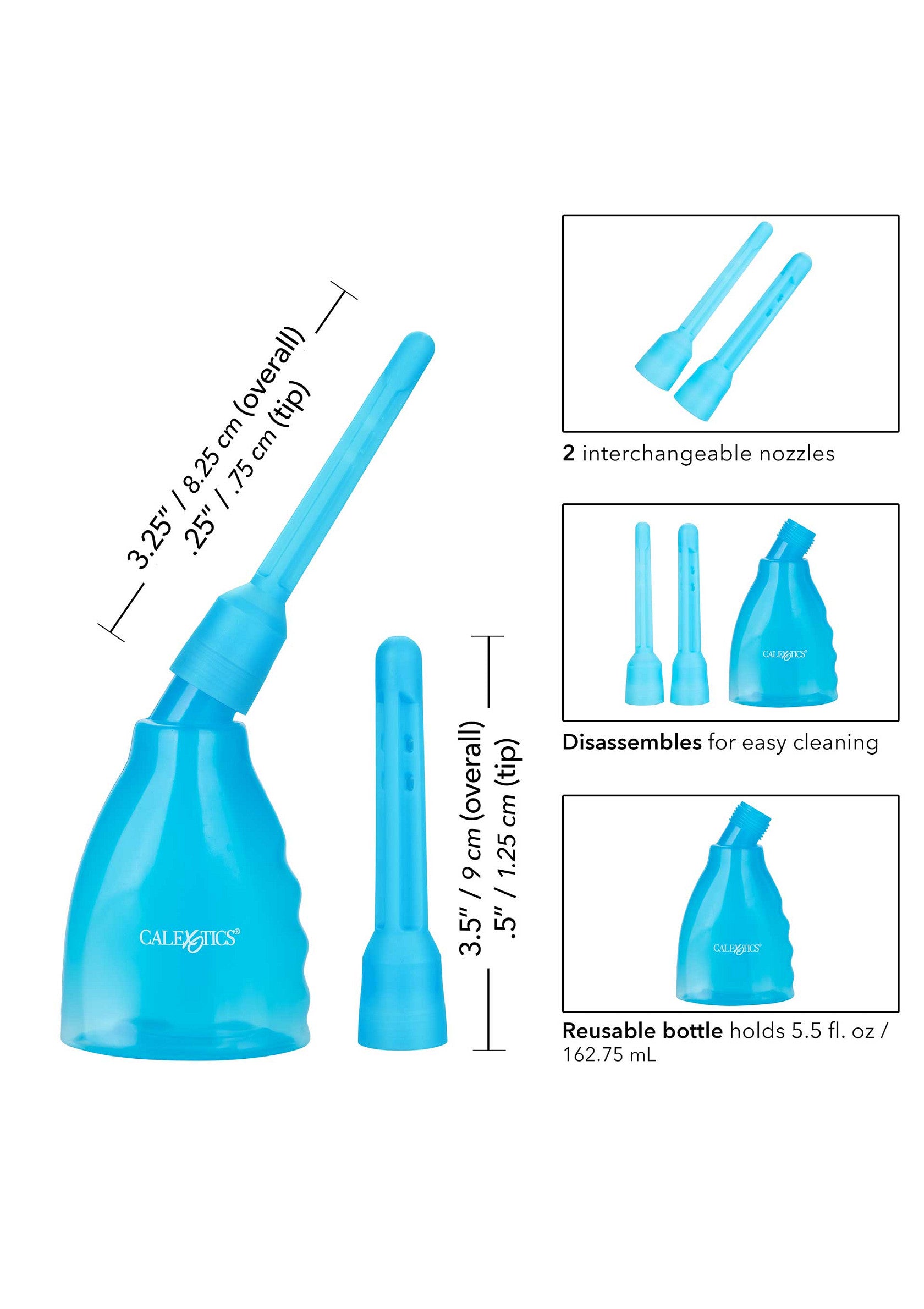 Poire à lavement bleue réutilisable avec 2 embouts interchangeables, facile à nettoyer et contenance de 162,75 ml.; Herbruikbare blauwe klysma peer met 2 verwisselbare spuitmonden, gemakkelijk schoon te maken en inhoud van 162,75 ml.; Reusable blue douche with 2 interchangeable nozzles, easy to clean and 5.5 fl. oz / 162.75 ml capacity.