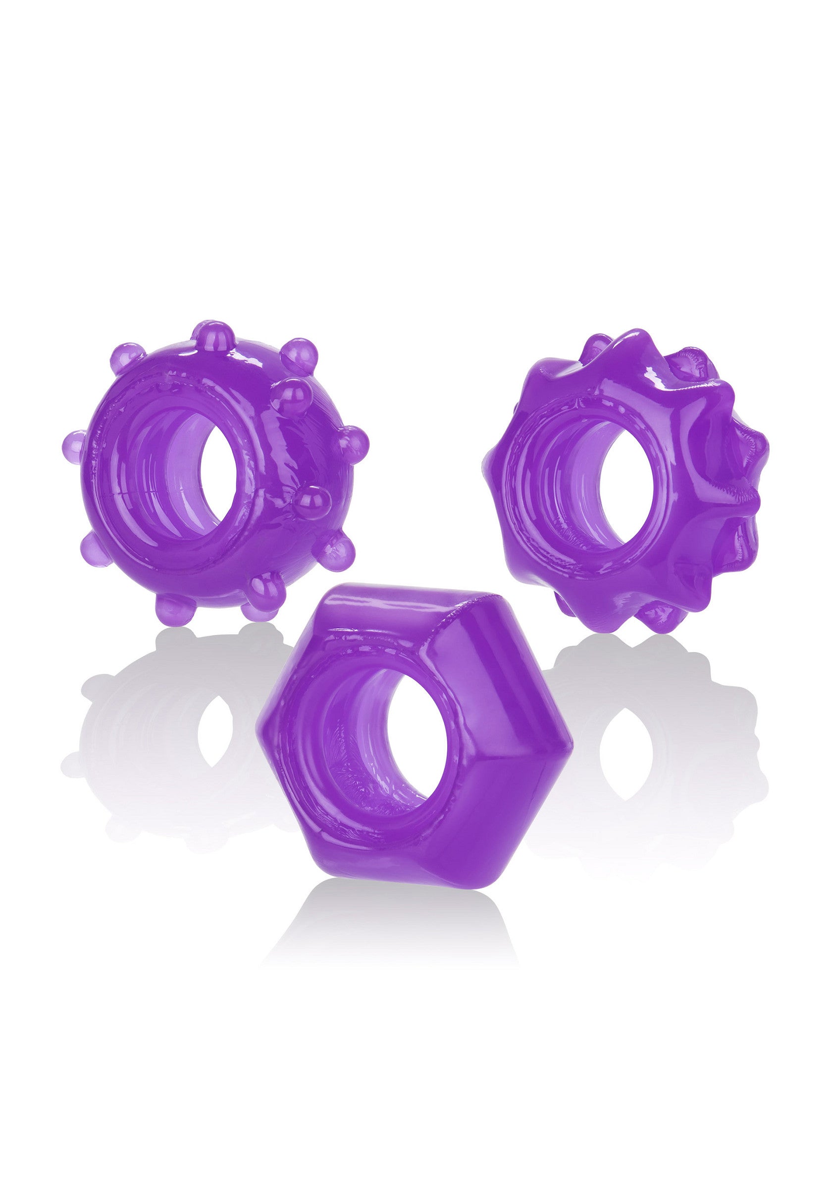Anneaux péniens violets texturés pour une stimulation accrue et un plaisir intense.; Paarse penisringen met textuur voor extra stimulatie en intens genot.; Textured purple cock rings for enhanced stimulation and intense pleasure.
