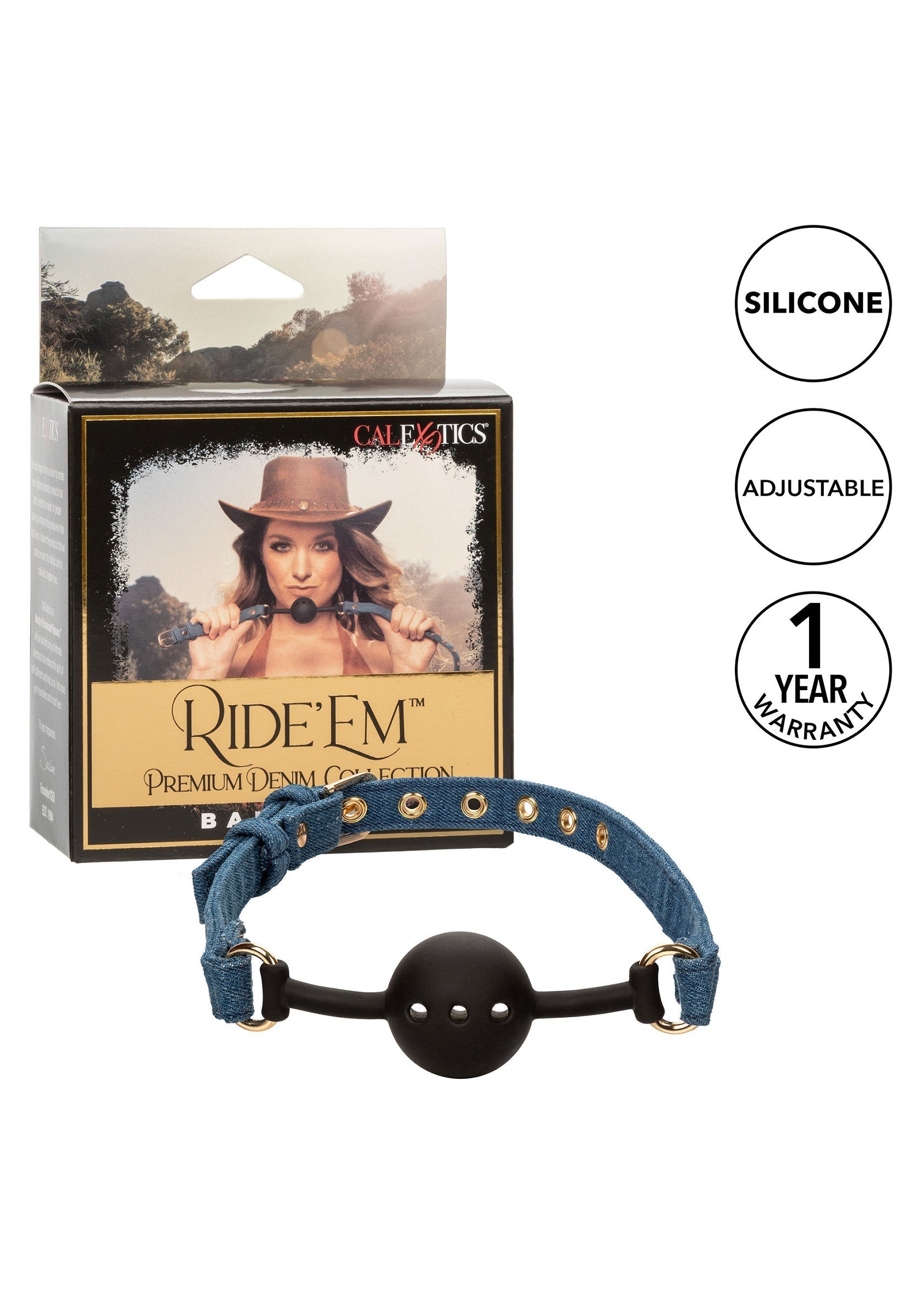 Bâillon boule en silicone avec sangle en jean ajustable pour jeux coquins.; Siliconen balgag met verstelbare jeans band voor ondeugende spelletjes.; Silicone ball gag with adjustable denim strap for kinky games.