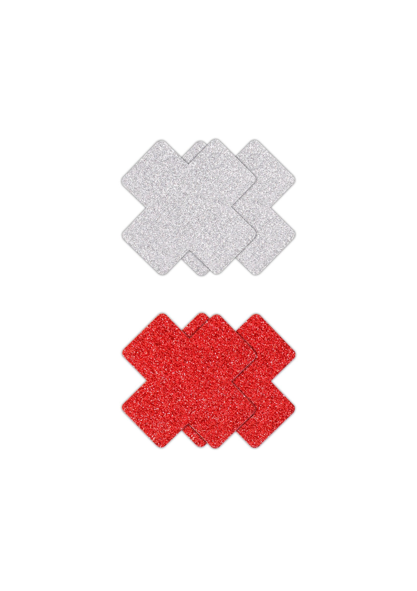 Cache-tétons pailletés en forme de croix. Rouge et argenté pour une touche glamour et festive.; Glitter tepelbedekkers in kruisvorm. Rood en zilver voor een glamoureuze en feestelijke touch.; Glitter X nipple covers. Red and silver for a glamorous, festive touch. Self-adhesive, easy to use.