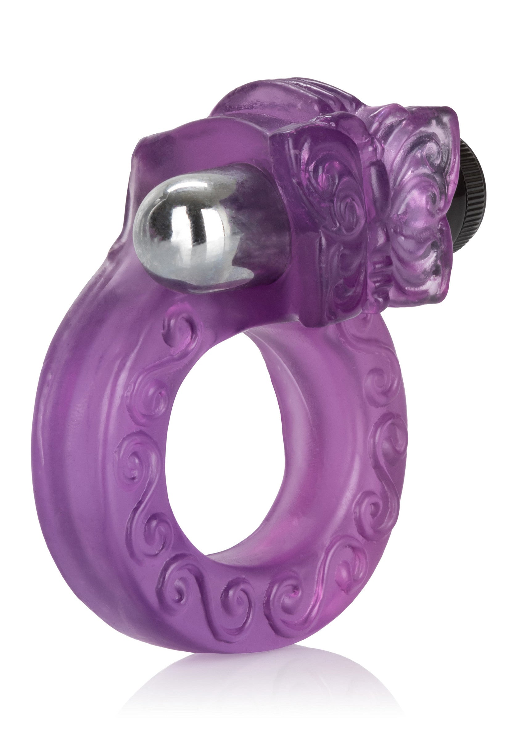 Anneau vibrant violet avec motif pour plus de plaisir et de sensations.; Paarse vibrerende ring met patroon voor extra plezier en sensaties.; Purple vibrating ring with pattern for extra pleasure and sensation.
