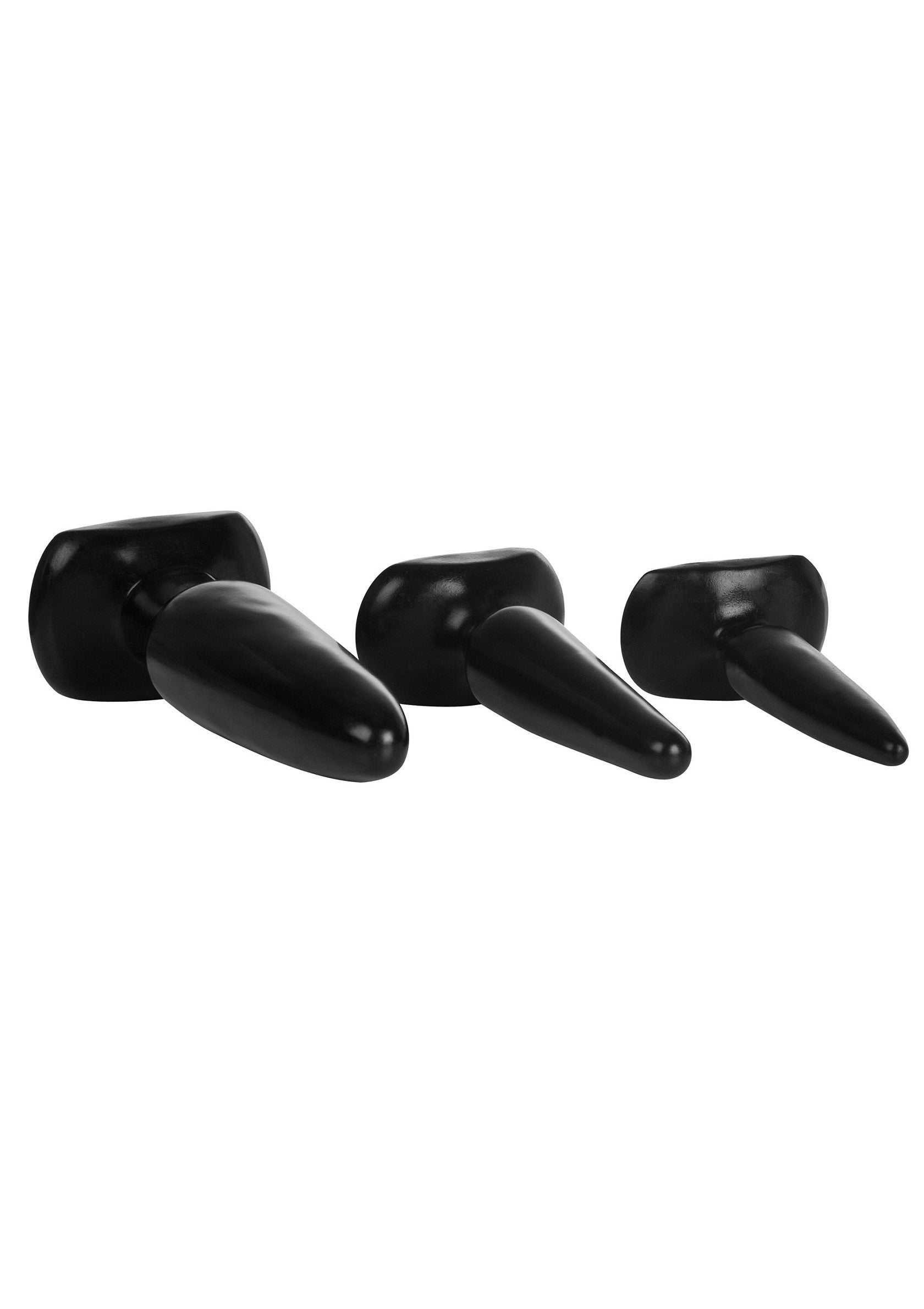 Ensemble de plugs anaux noirs en silicone, tailles variées pour débutants et expérimentés.; Zwarte siliconen buttplug set, verschillende maten voor beginners en gevorderden.; Black silicone butt plug set, graduated sizes for beginners and experienced users.