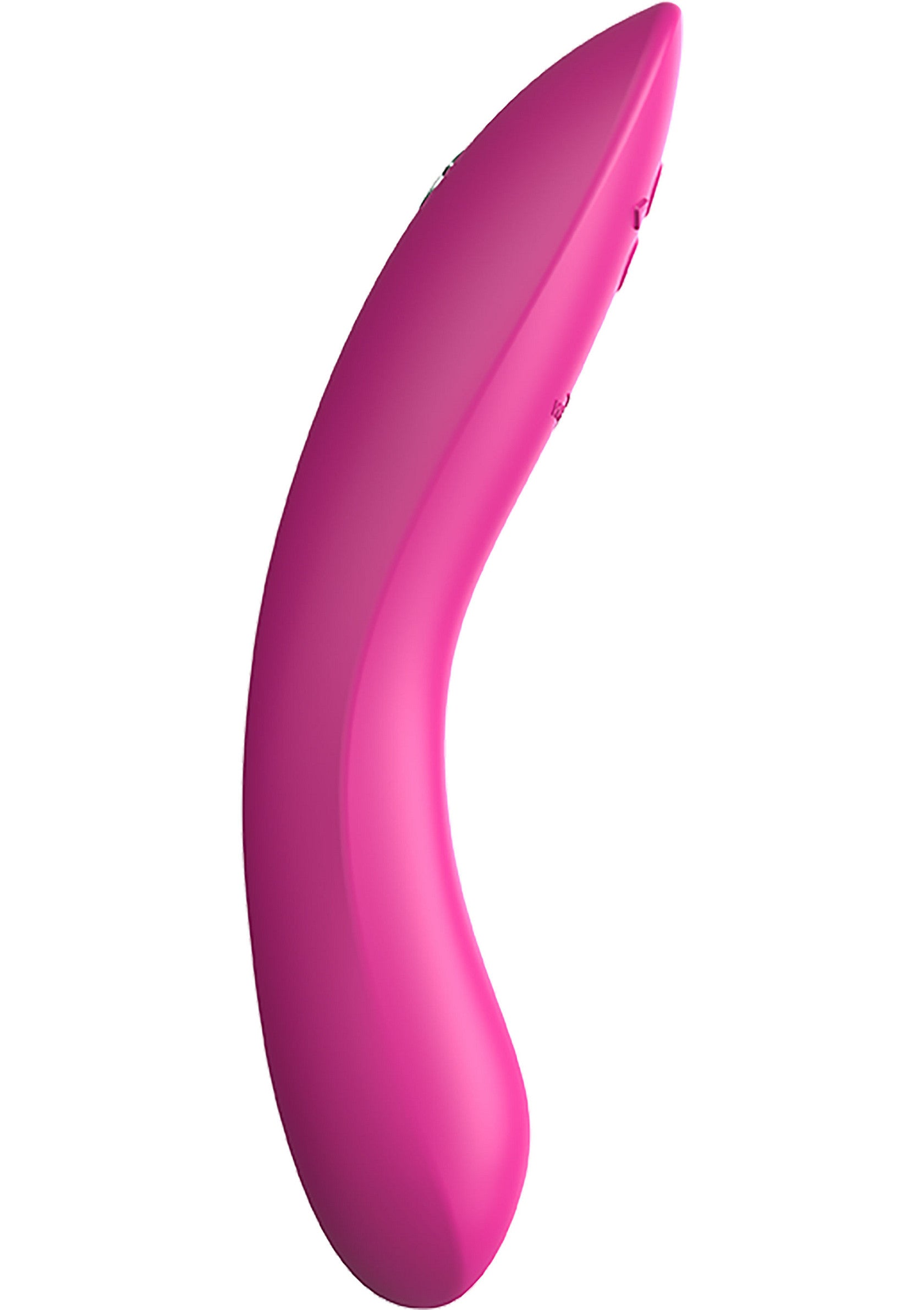Vibromasseur incurvé rose pour le plaisir solitaire et partagé.; Roze gebogen vibrator voor solo- en gedeeld plezier.; Pink curved vibrator for solo and shared pleasure.