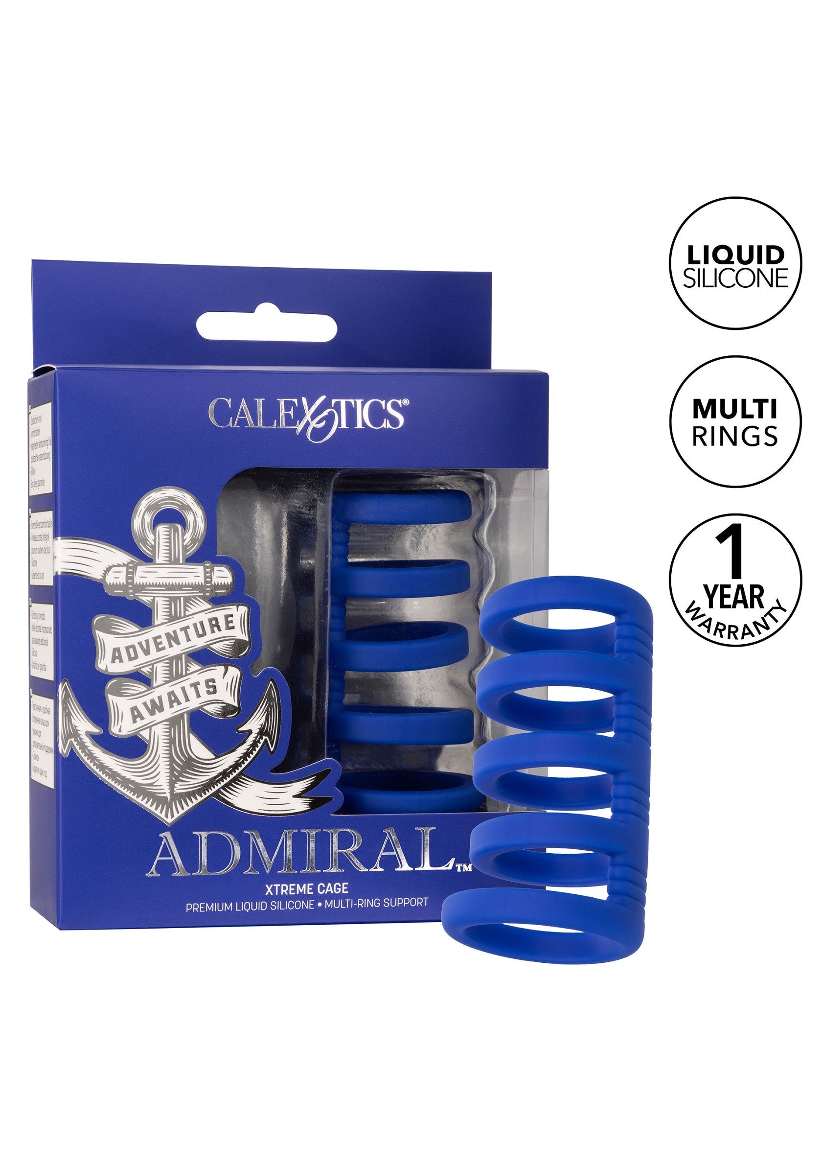 CalExotics Admiral Xtreme Cage bleu. Support multi-anneaux en silicone liquide de qualité supérieure avec garantie d'un an.; CalExotics Admiral Xtreme Cage blauw. Premium vloeibare siliconen multi-ring ondersteuning met 1 jaar garantie.; CalExotics Admiral Xtreme Cage in blue. Premium liquid silicone multi-ring support with a 1-year warranty.