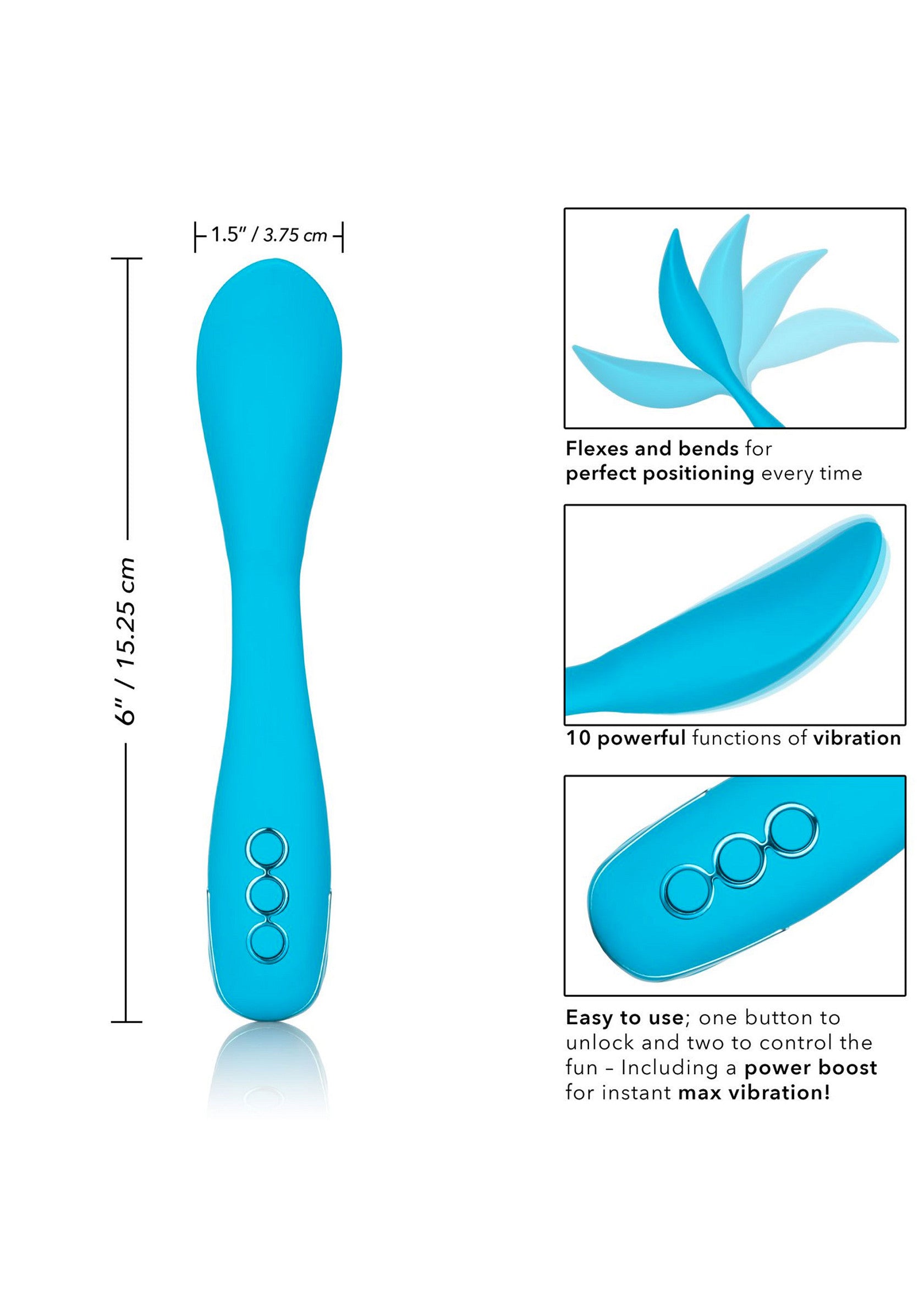 Vibromasseur bleu flexible avec 10 fonctions de vibration et une fonction boost pour une stimulation maximale.; Flexibele blauwe vibrator met 10 vibratiestanden en boostfunctie voor maximale stimulatie.; Flexible blue vibrator with 10 vibration functions & boost for maximum stimulation. Easy to use. 