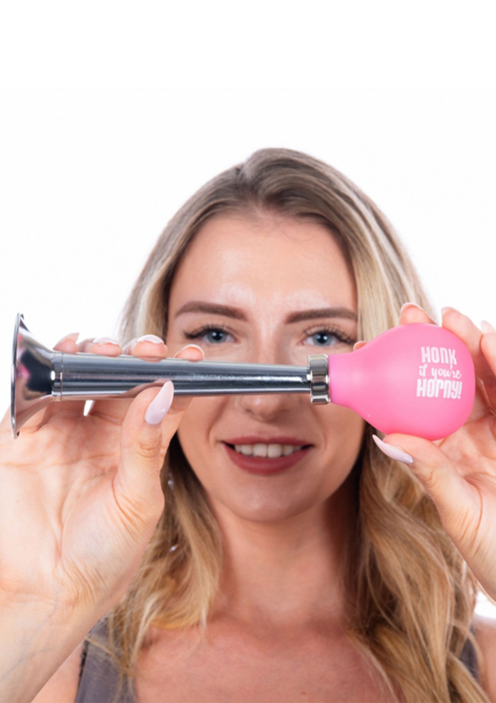 Klaxon rose "Honk if you're horny" pour des moments coquins et amusants. Faites du bruit et amusez-vous !; Roze "Honk if you're horny" claxon voor ondeugende en leuke momenten. Maak lawaai en heb plezier!; Pink "Honk if you're horny" horn for naughty and fun times. Make some noise and have fun!