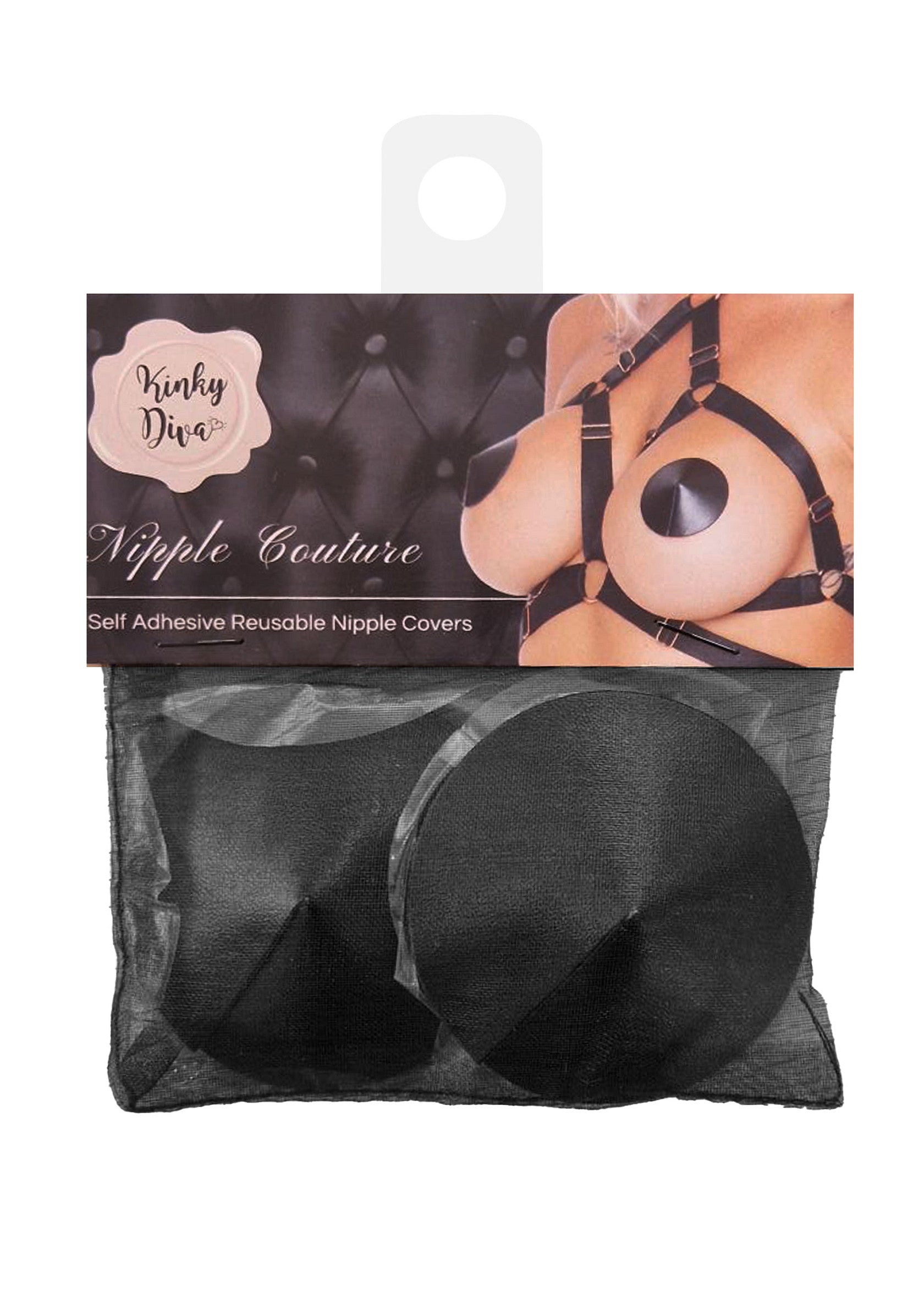 Cache-tétons Kinky Diva Nipple Couture noirs, réutilisables et adhésifs. Accessoire de lingerie coquine pour une touche glamour.; Zwarte Kinky Diva Nipple Couture tepelbedekkers, herbruikbaar en zelfklevend. Sexy lingerie accessoire voor een glamoureuze touch.; Black Kinky Diva Nipple Couture nipple covers, reusable & self-adhesive. Sexy lingerie accessory for a glamorous touch.