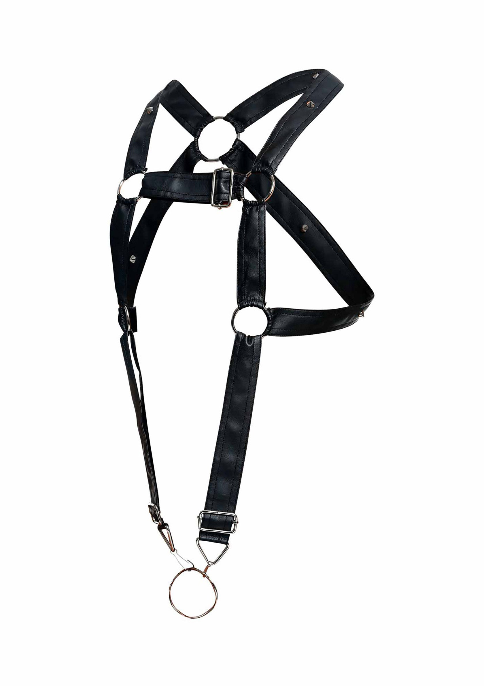 Harnais noir en similicuir avec anneaux métalliques. Accessoire de mode audacieux et tendance.; Zwart kunstleren harnas met metalen ringen. Een gedurfd en trendy modeaccessoire.; Black faux leather harness with metal rings. A bold and trendy fashion accessory.