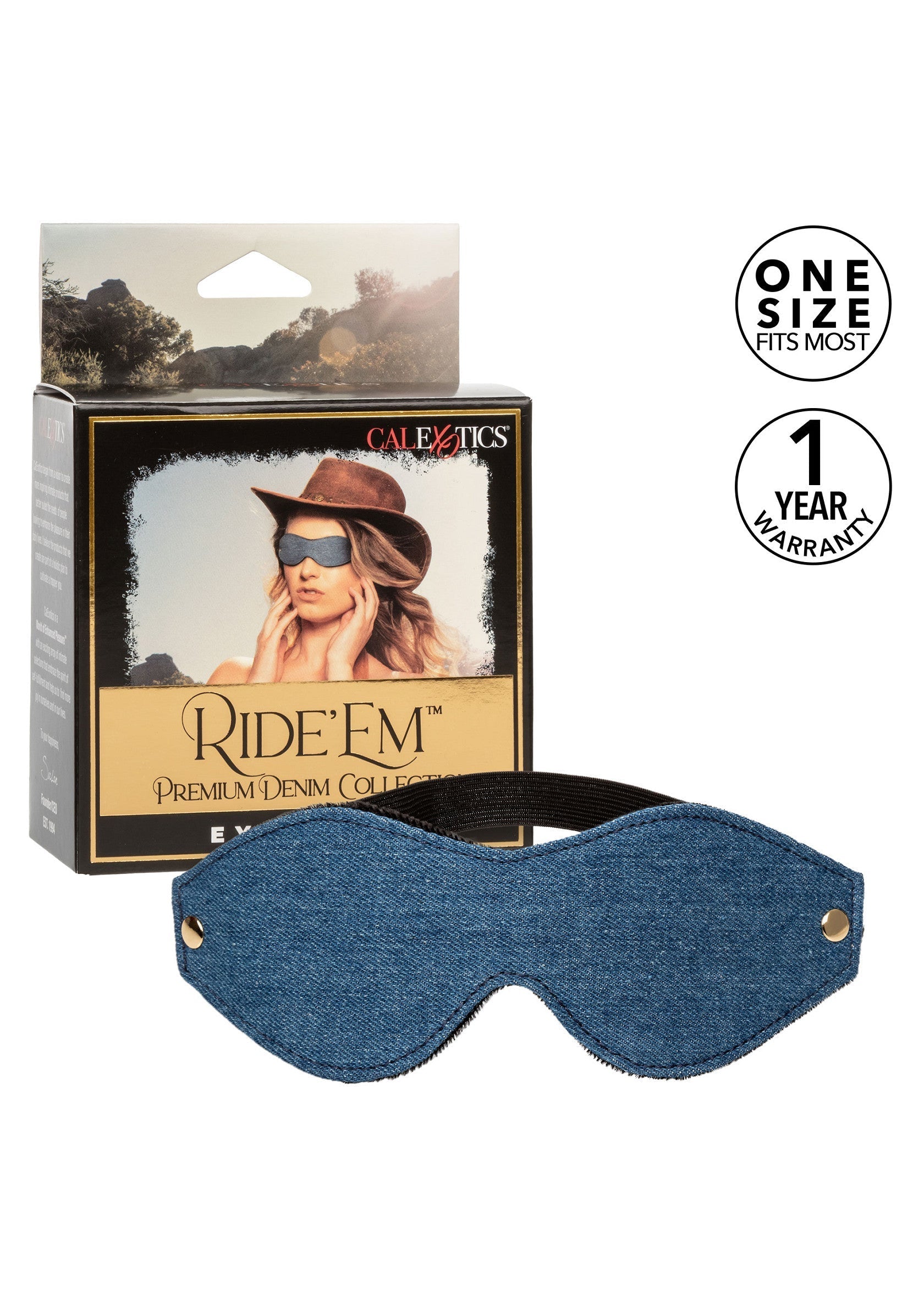Masque pour les yeux en denim CalExotics Ride'Em Premium pour pimenter votre vie amoureuse.; CalExotics Ride'Em Premium Denim Oogmasker om uw liefdesleven op te fleuren.; CalExotics Ride'Em Premium Denim Eye Mask to spice up your love life.