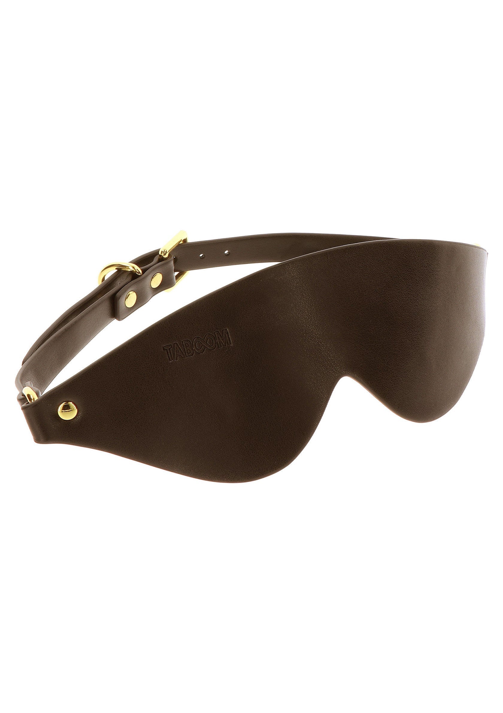 Bandage pour les yeux en cuir marron avec boucle dorée. Accessoire de jeu de rôle pour adultes. ; Bruine leren blinddoek met gouden gesp. Rollenspelaccessoire voor volwassenen.; Brown leather blindfold with gold buckle. Adult role play accessory.
