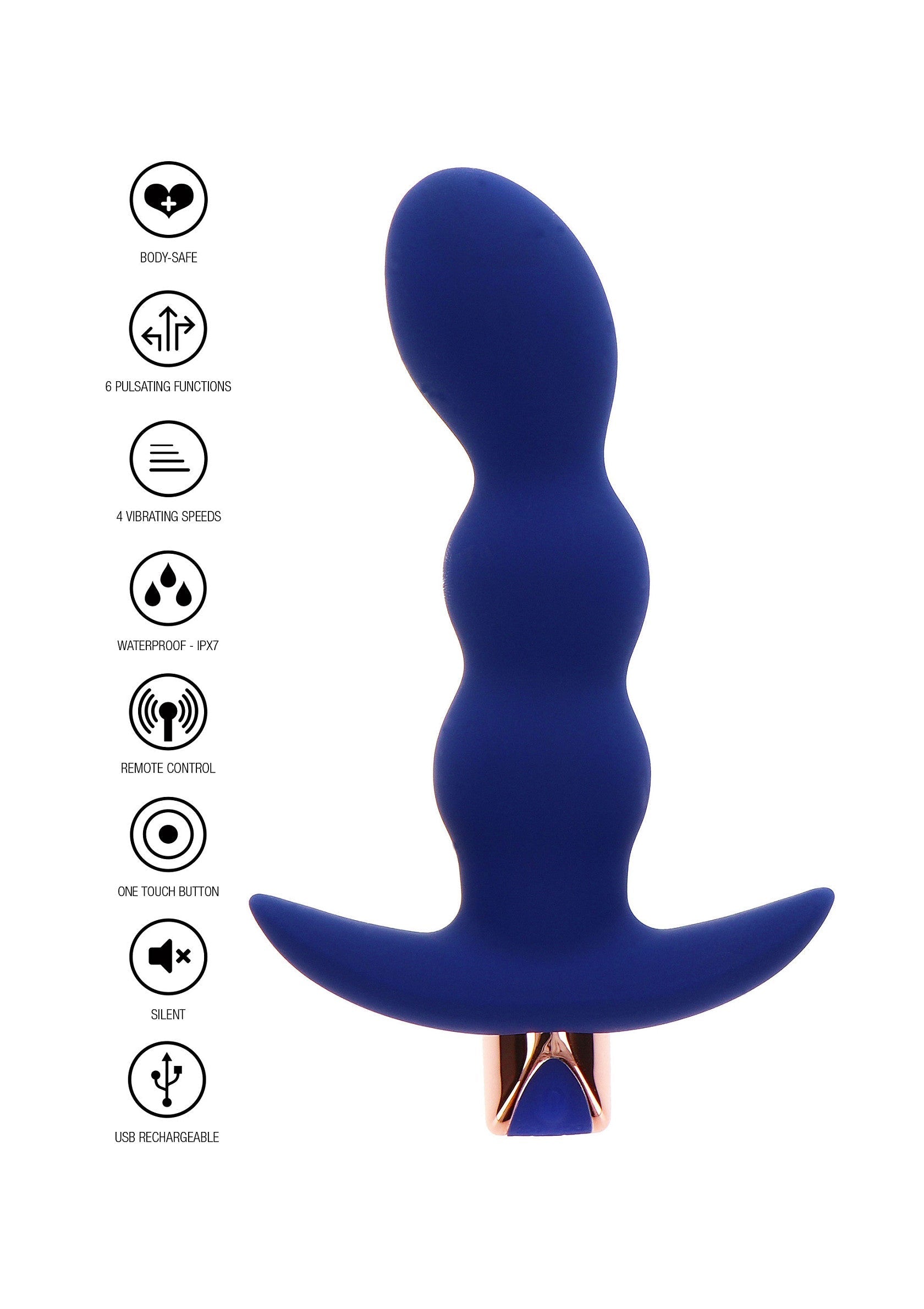 Plug anal vibrant bleu, rechargeable USB, avec télécommande et plusieurs modes de vibration.; Blauwe vibrerende anale plug, USB oplaadbaar, met afstandsbediening en meerdere vibratiemodi.; Blue vibrating anal plug, USB rechargeable, with remote control and multiple vibration modes.