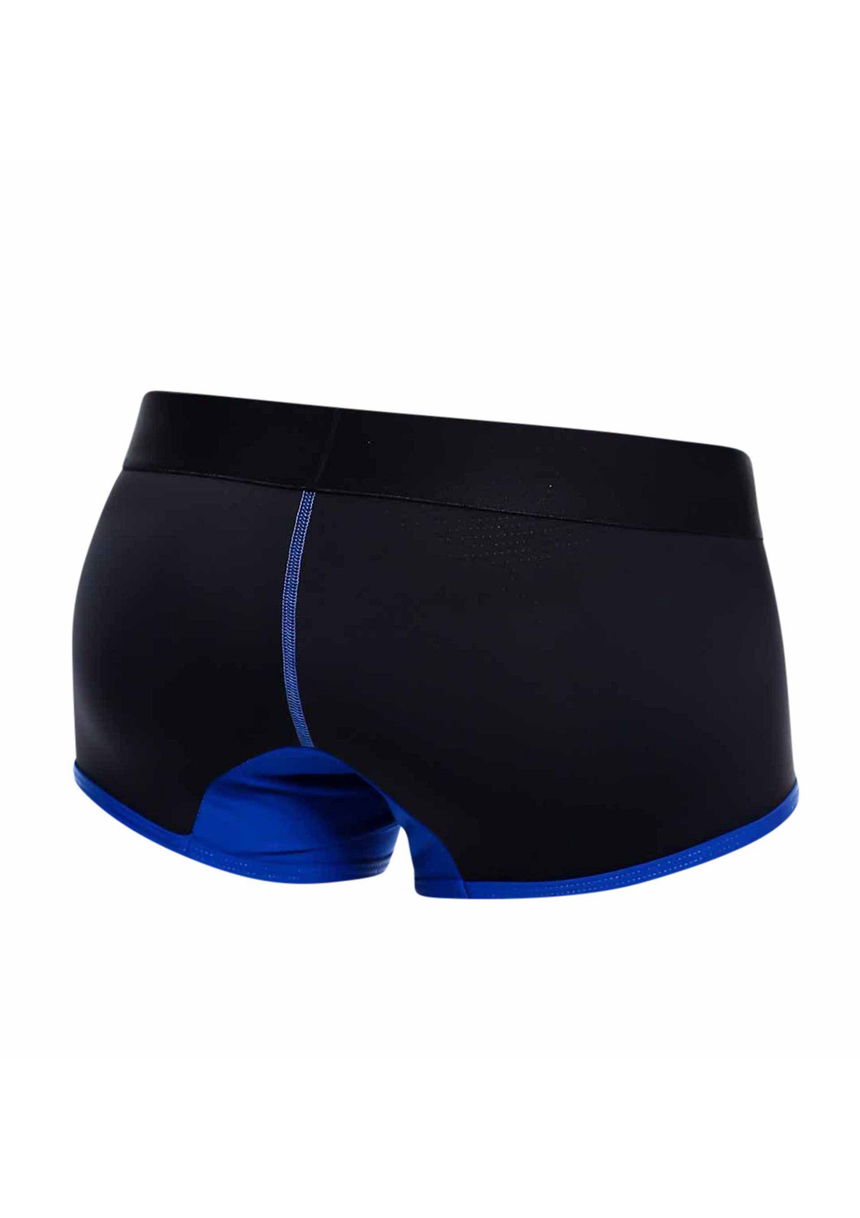 Boxer de bain noir et bleu pour homme. Maillot de bain confortable et élégant pour la natation et la plage.; Zwart en blauw zwem boxer voor heren. Comfortabele en stijlvolle zwemkleding voor zwemmen en strand.; Black and blue men's swim boxer. Comfortable and stylish swimwear for swimming and beach.