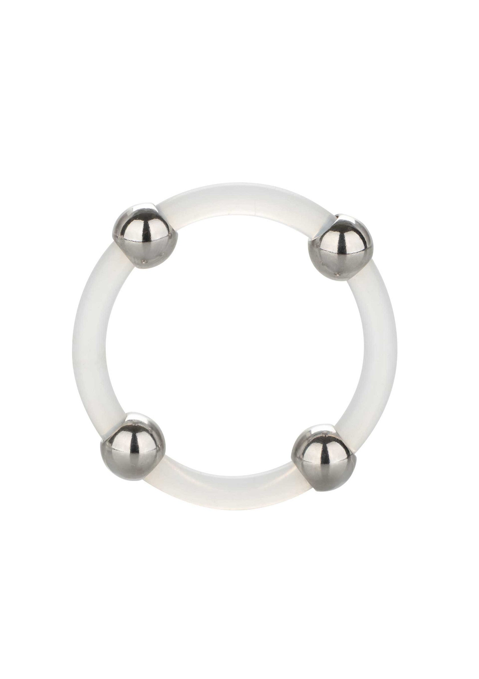 Anneau pénien flexible avec boules en métal. Pour un plaisir accru et une érection plus longue.; Flexibele penisring met metalen ballen. Voor meer plezier en een langere erectie.; Flexible cock ring with metal balls. For enhanced pleasure and a longer-lasting erection.