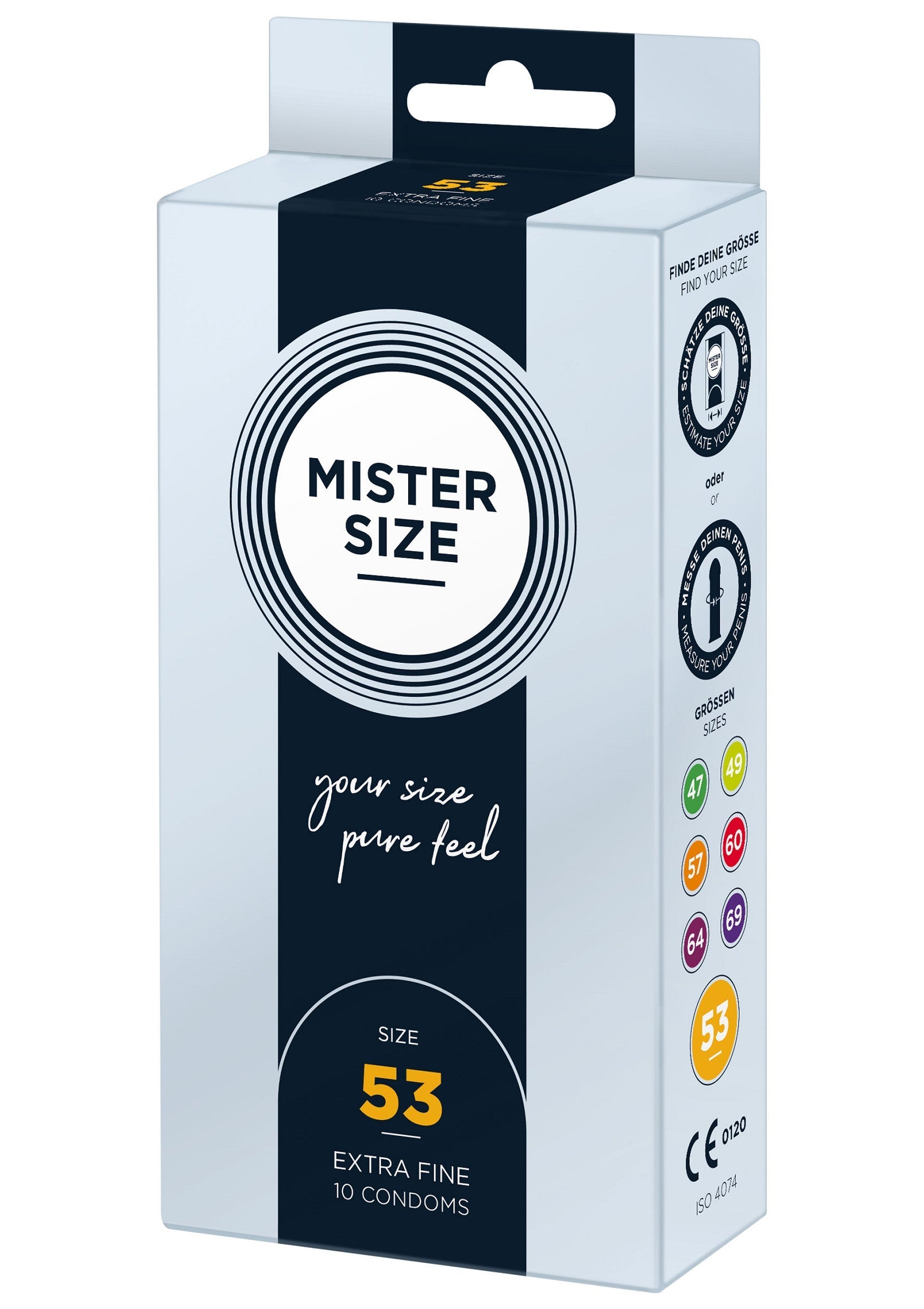 Boîte de préservatifs Mister Size 53, extra fins pour une sensation naturelle et une protection optimale.; Mister Size 53 condooms, extra dun voor een natuurlijk gevoel en optimale bescherming. Bestel nu!; Mister Size 53 condoms, extra fine for a natural feel and optimal protection. Shop now!