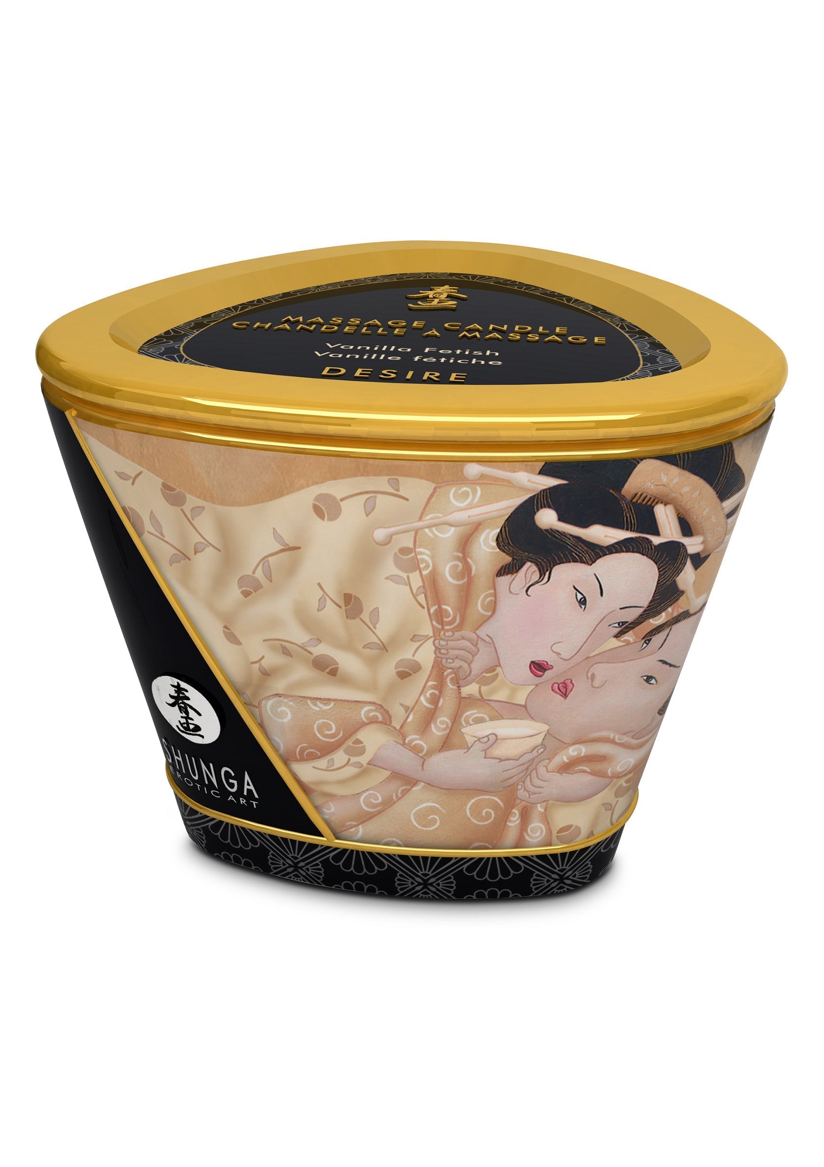 Bougie de massage Shunga, parfum vanille fétiche. Une expérience sensuelle pour un massage érotique. ; Shunga massagekaars, vanille fetisj geur. Een sensuele ervaring voor een erotische massage.; Shunga massage candle, vanilla fetish scent. A sensual experience for an erotic massage.