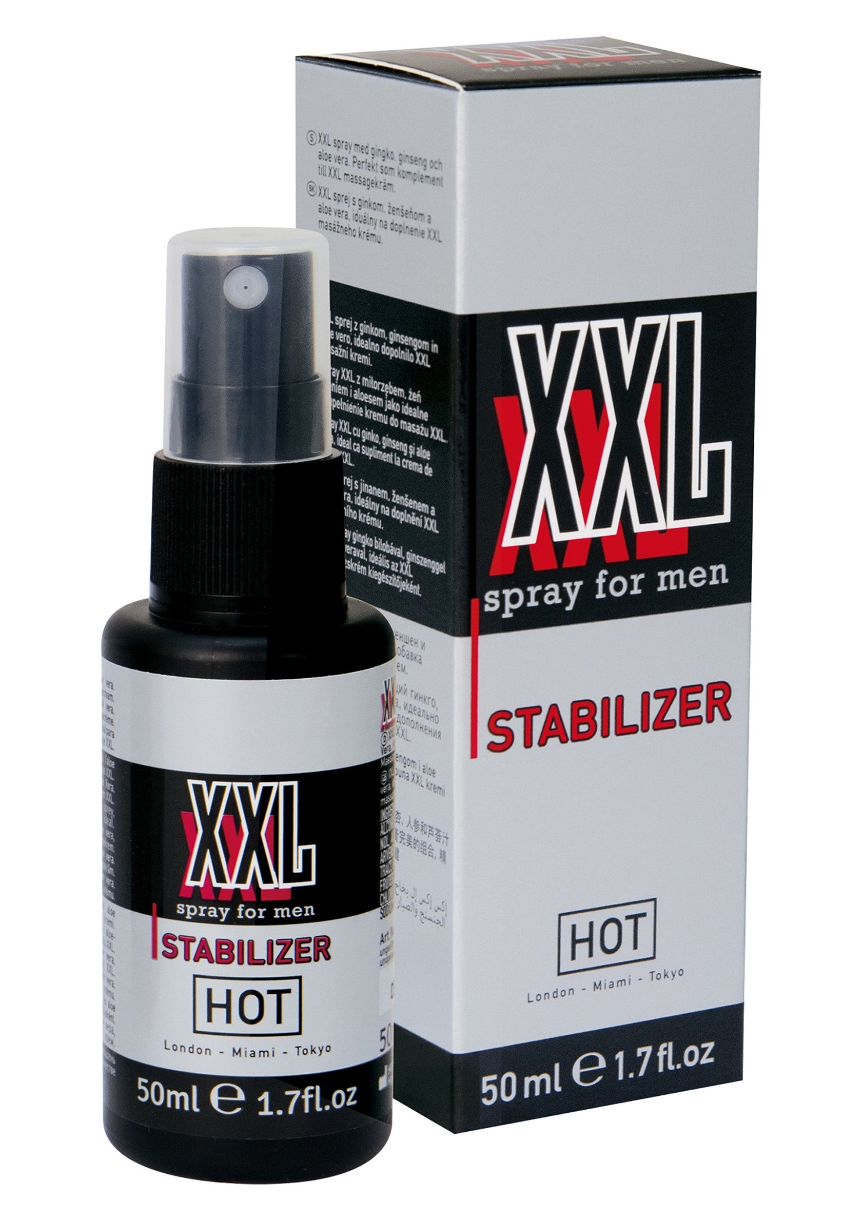 Spray XXL Stabilizer pour hommes. Format voyage pratique de 50 ml.; XXL Stabilizer spray voor mannen. Handig reisformaat van 50 ml.; XXL Stabilizer spray for men. Convenient 50ml travel size.