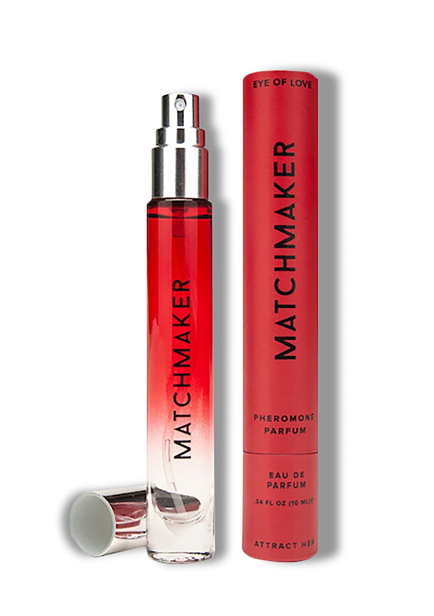 Parfum Matchmaker "Eye of Love", phéromones pour l'attraction. Eau de parfum élégante en flacon rouge.; Matchmaker "Eye of Love" parfum, feromonen voor aantrekkingskracht. Stijlvolle eau de parfum in rode flacon.; Matchmaker "Eye of Love" pheromone parfum for attraction. Stylish eau de parfum in red bottle.