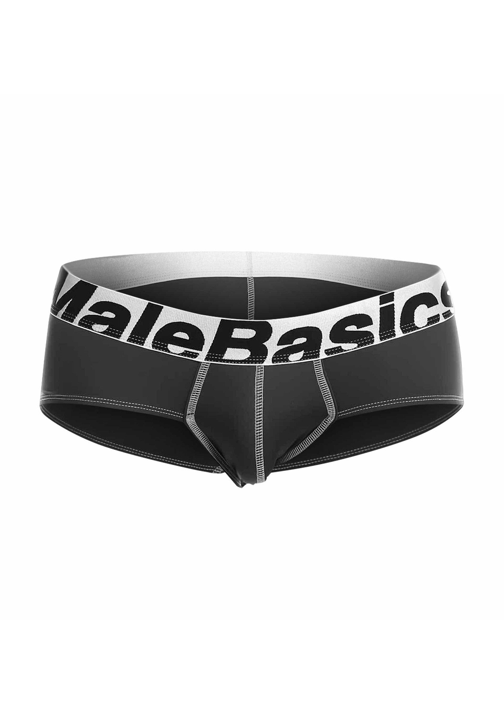 Slip noir MaleBasics avec ceinture blanche à logo. Sous-vêtements pour hommes confortables et élégants.; MaleBasics zwarte slip met witte logoband. Comfortabel en stijlvol herenondergoed.; MaleBasics black briefs with white logo waistband. Comfortable and stylish men's underwear.