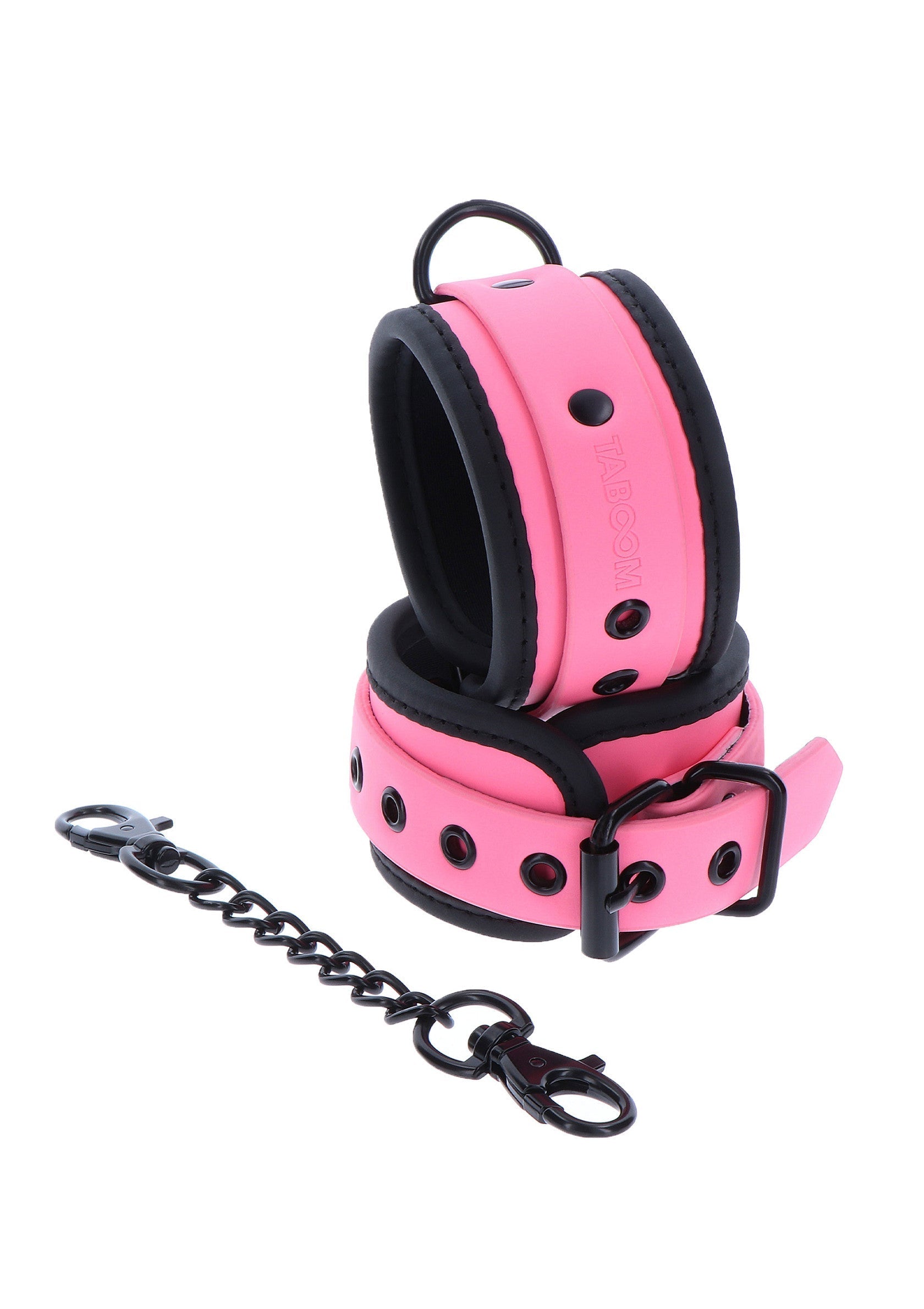 Menottes roses avec chaîne, accessoire de jeu de rôle pour adultes.; Roze handboeien met ketting, rollenspelaccessoire voor volwassenen.; Pink handcuffs with chain, adult roleplay accessory.