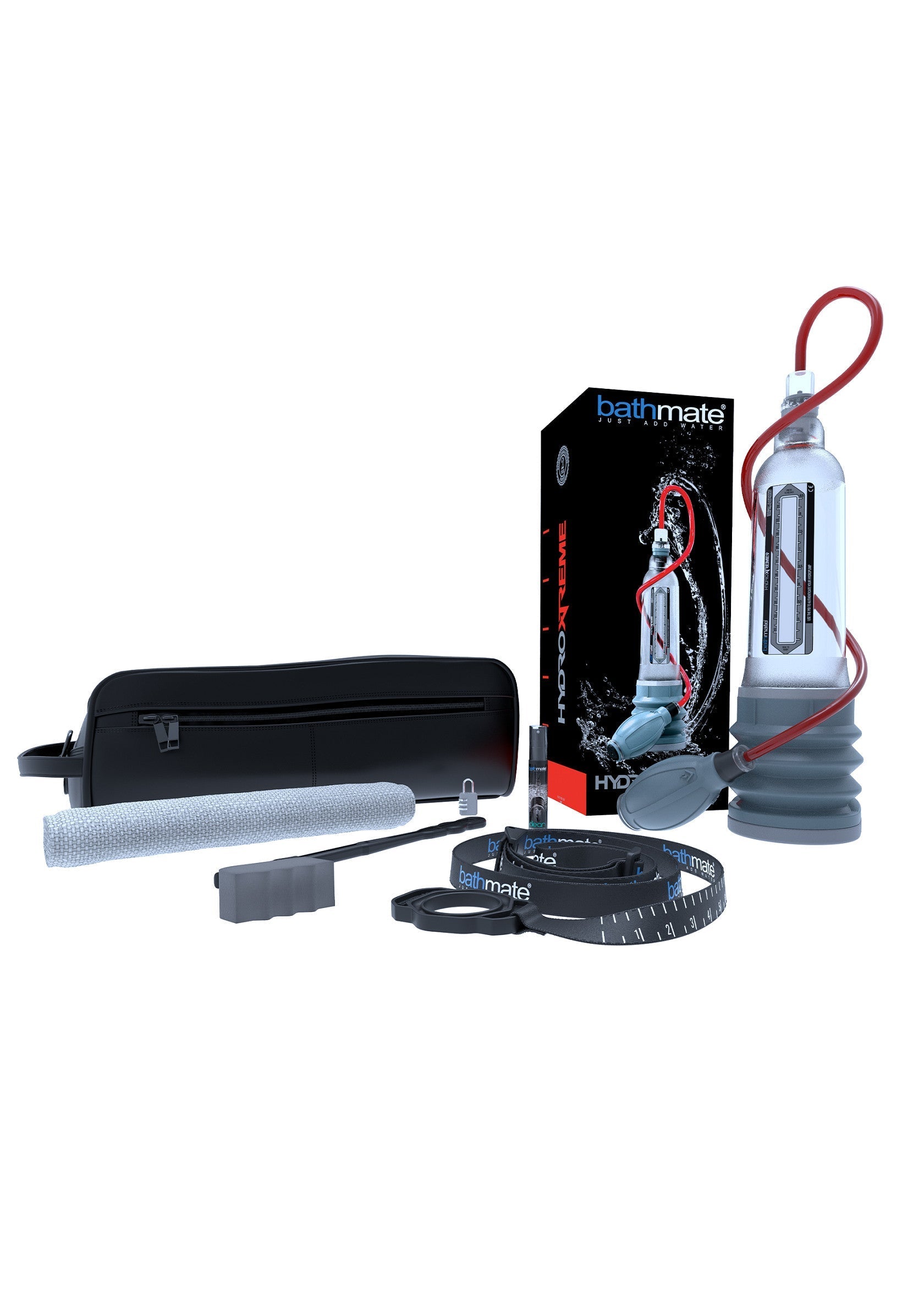 Bathmate Hydromax : pompe à pénis hydraulique pour un gain de taille et de confiance. Accessoires inclus.; Bathmate Hydromax: hydraulische penis pomp voor meer lengte en zelfvertrouwen. Inclusief accessoires.; Bathmate Hydromax: hydraulic penis pump for length and confidence. Accessories included.