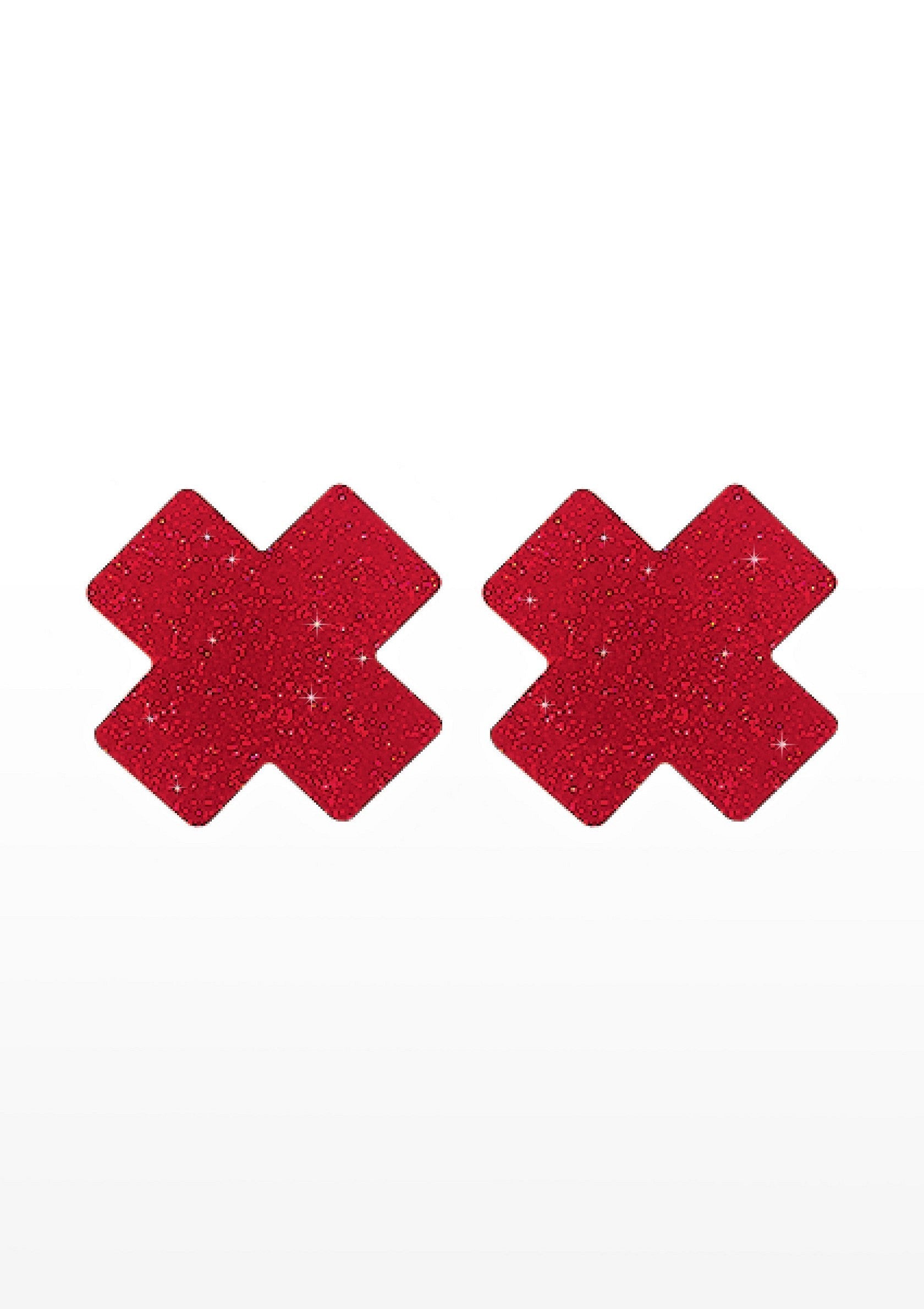 Cache-tétons en forme de croix rouge pailletée pour une touche glamour et audacieuse.; Rode glitter kruis tepelbedekkers voor een glamour en gewaagde look.; Red glitter cross pasties for a glamorous and daring look.