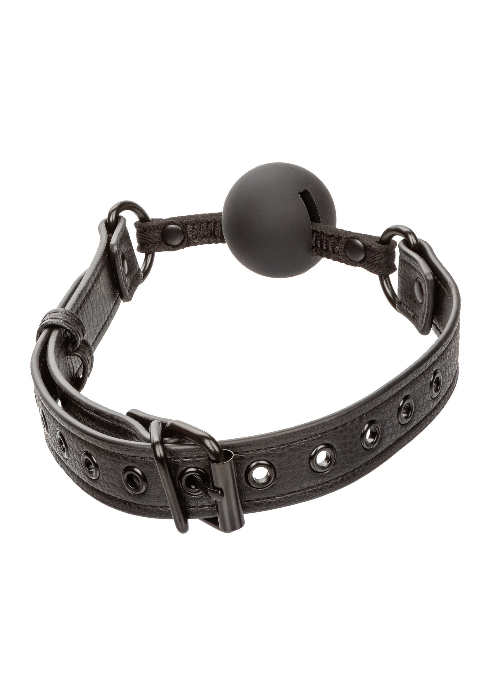 Bâillon boule noir en cuir réglable. Accessoire de jeu de rôle pour adultes.; Verstelbare leren balgag. Rollenspelaccessoire voor volwassenen.; Adjustable leather ball gag. Adult roleplay accessory.