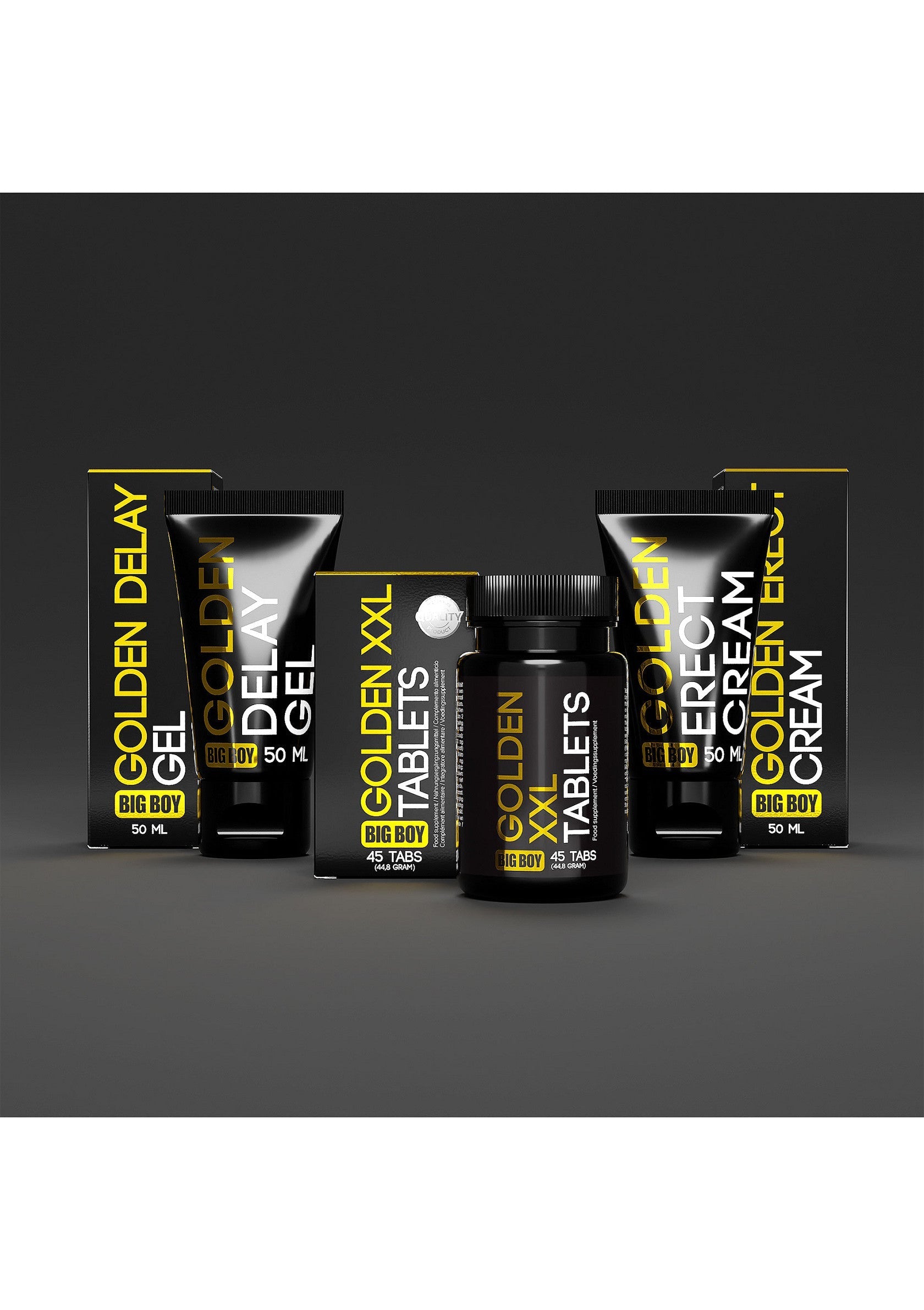 Gamme Golden XXL : gel retardant, crème érectile et comprimés. Pour le plaisir et la performance !; Golden XXL-lijn: vertragende gel, erectiecrème en tabletten. Voor genot en prestaties!; Golden XXL line: delay gel, erect cream & tablets. For pleasure and performance!