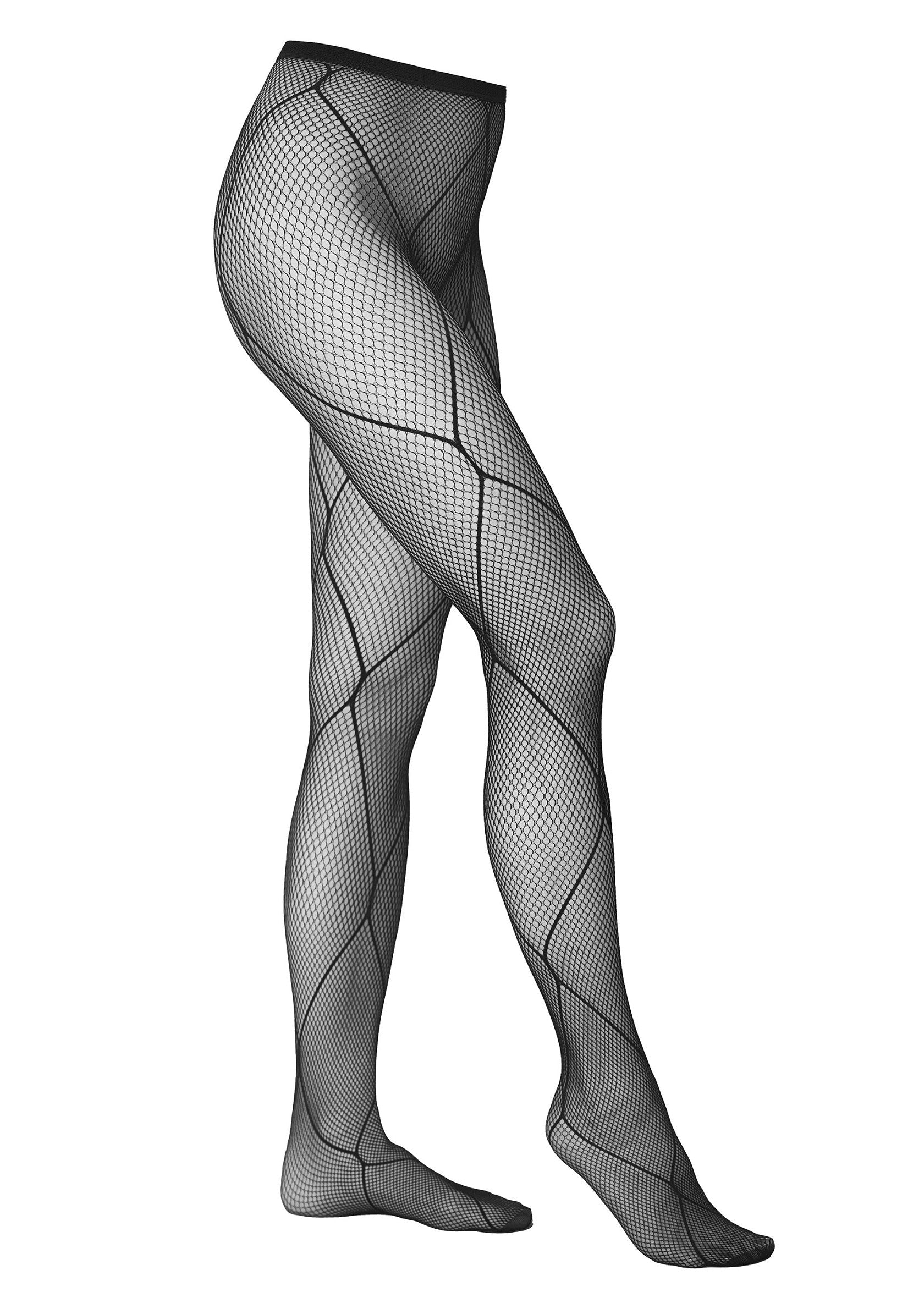 Collant résille noir avec motif losange pour un look élégant et tendance.; Zwarte visnetpanty met ruitpatroon voor een elegante en trendy look.; Black fishnet tights with diamond pattern for a stylish and trendy look.