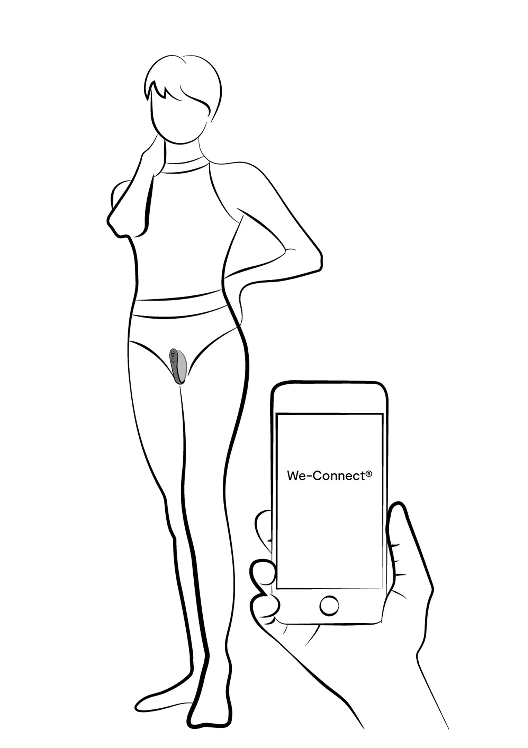 Illustration d'une femme avec un vibromasseur connecté contrôlé par smartphone. Découvrez nos jouets connectés !; Illustratie van een vrouw met een verbonden vibrator, bediend via smartphone. Ontdek ons verbonden speelgoed!; Illustration of a woman with a connected vibrator controlled by smartphone. Check out our connected toys!