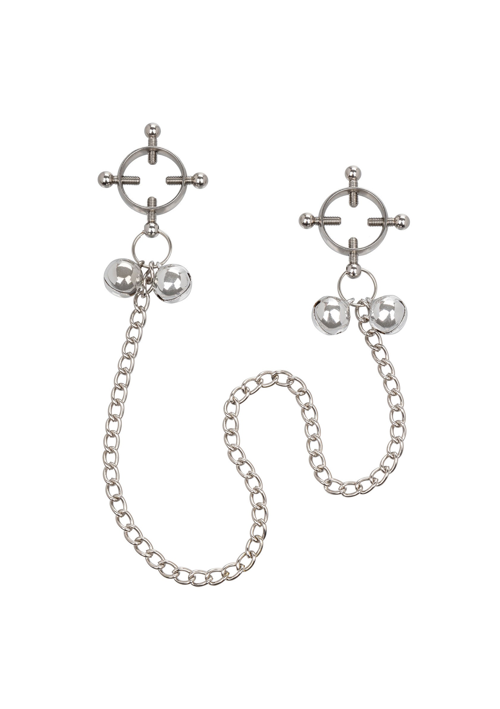 Pinces tétons en métal avec chaîne et clochettes.; Metalen tepelklemmen met ketting en belletjes.; Metal nipple clamps with chain and bells.