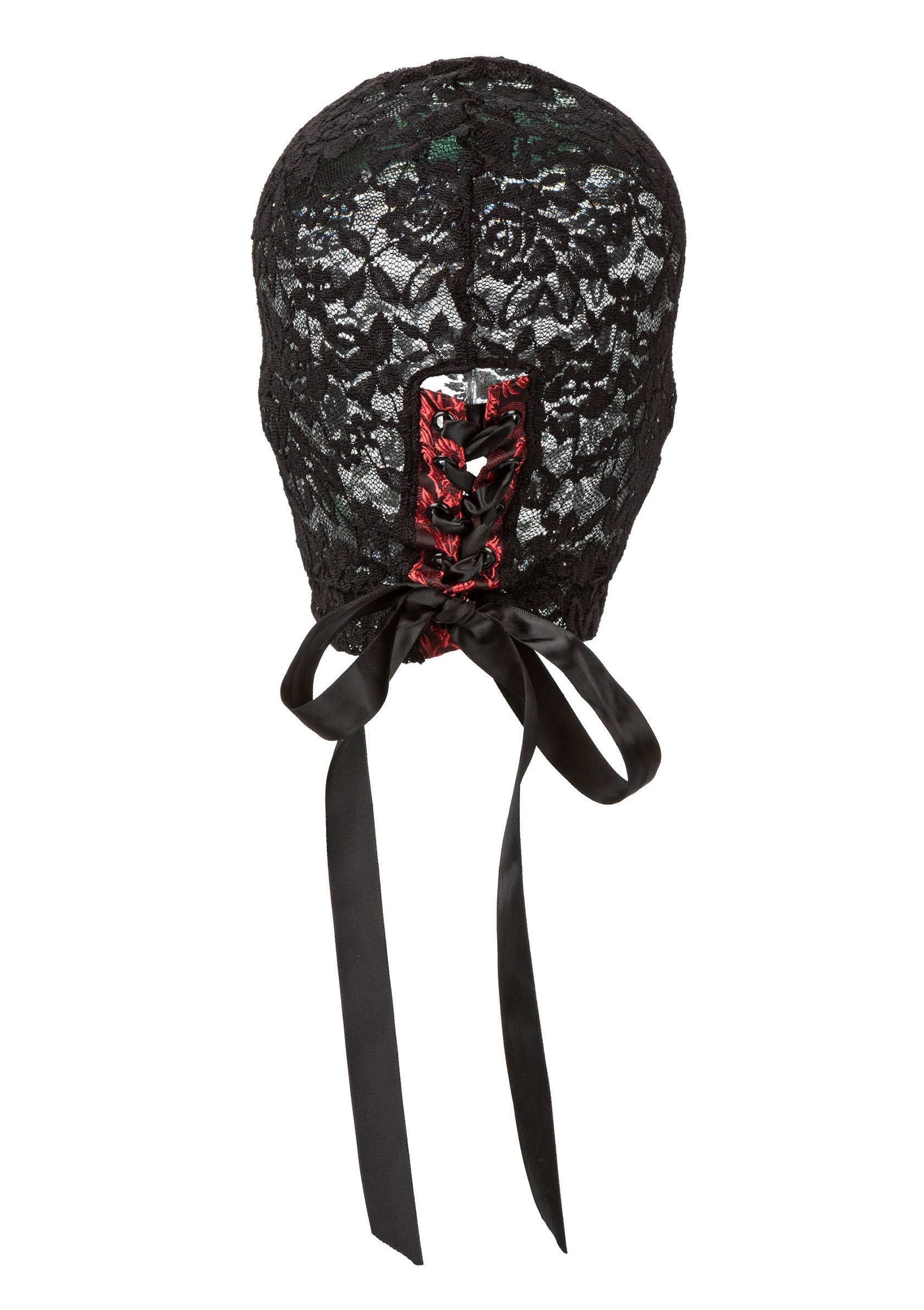 Cagoule en dentelle noire avec rubans. Accessoire de mode unique pour un look audacieux et original.; Zwarte kanten bivakmuts met linten. Uniek modeaccessoire voor een gedurfde en originele look.; Black lace balaclava with ribbons. Unique fashion accessory for a bold and original look.