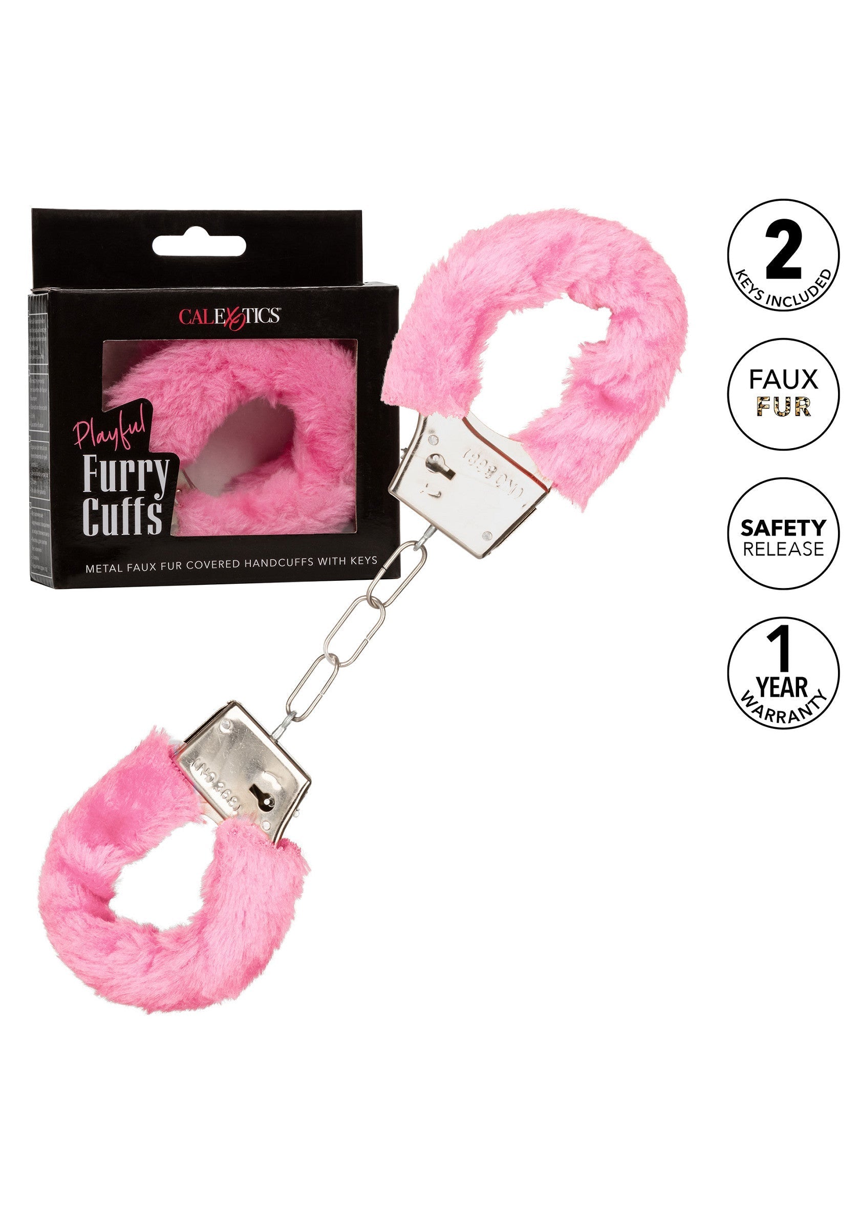 Menottes en fausse fourrure rose CalExotics. Accessoire coquin et confortable avec clés et sécurité.; CalExotics roze bont handboeien. Speels en comfortabel accessoire, inclusief sleutels en veiligheidsmechanisme.; CalExotics pink furry handcuffs. Playful and comfortable accessory, includes keys and safety release.