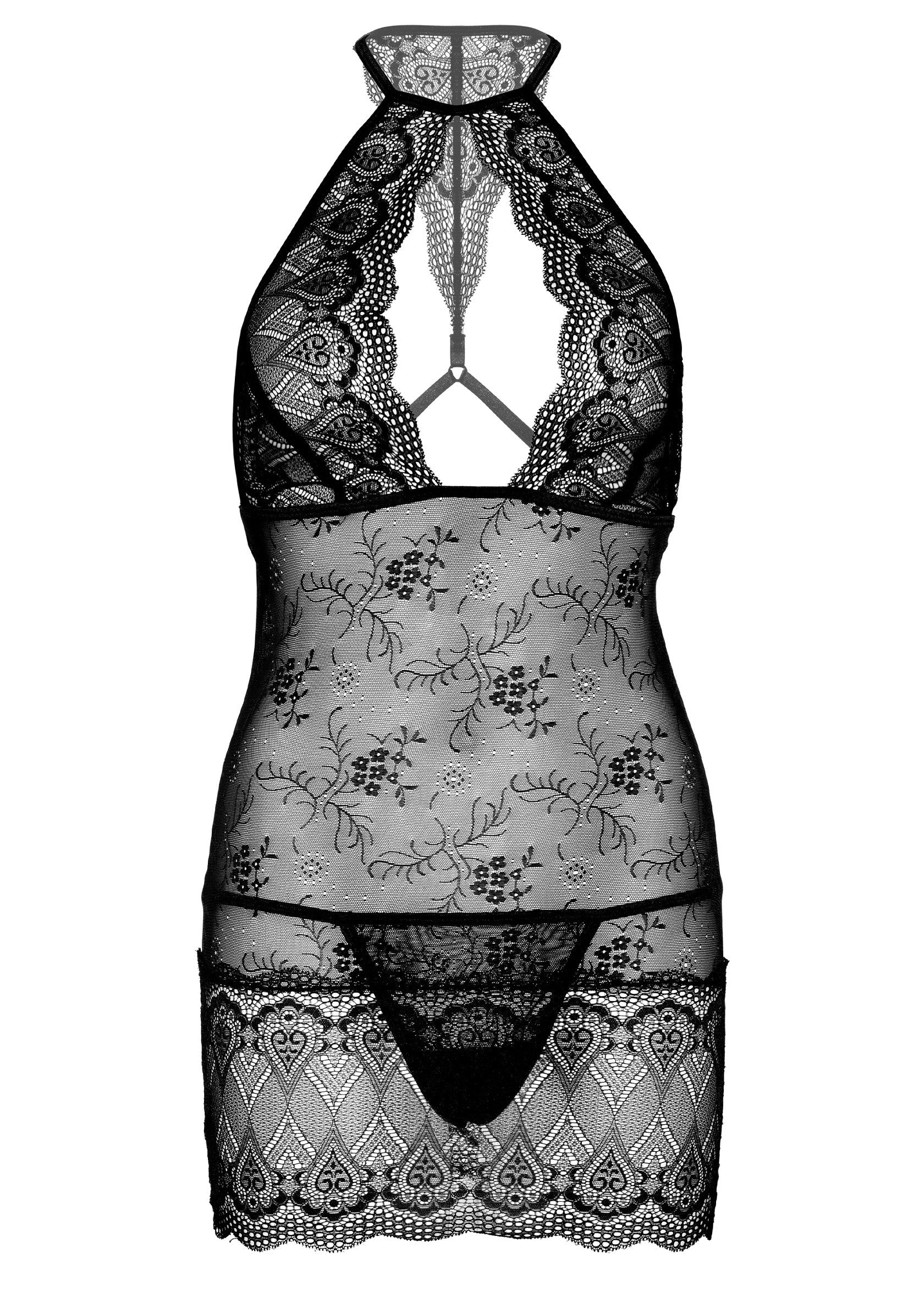 Nuisette noire en dentelle florale, col montant. Lingerie féminine sexy et élégante.; Zwarte babydoll van bloemenkant met hoge hals. Sexy en elegante dameslingerie.; Black floral lace babydoll with a high neck. Sexy and elegant women's lingerie.