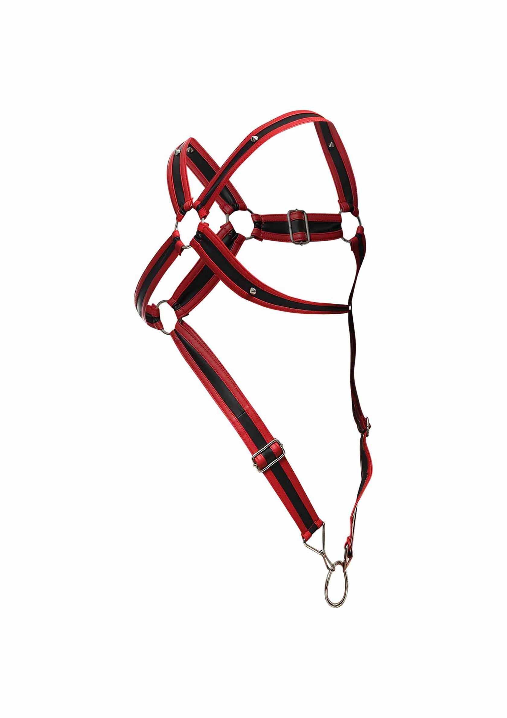 Harnais rouge et noir ajustable pour homme. Accessoire de mode audacieux et confortable pour un look unique.; Verstelbaar rood en zwart harnas voor heren. Gedurfd en comfortabel modeaccessoire voor een unieke look.; Adjustable red and black harness for men. Bold and comfortable fashion accessory for a unique look.