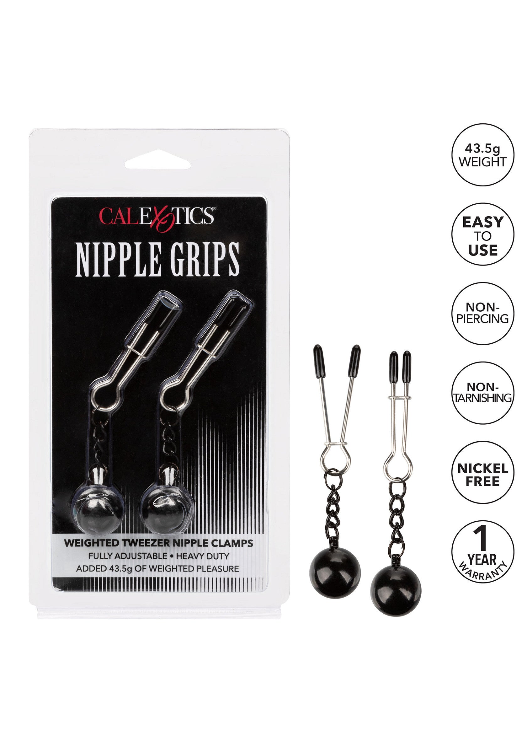 Pinces à tétons lestées Calexotics, réglables, pour un plaisir intense et sensuel. Sans nickel.; Calexotics gewogen tepelklemmen, verstelbaar, voor intens en sensueel plezier. Nikkelvrij.; Calexotics weighted nipple clamps, adjustable, for intense and sensual pleasure. Nickel-free.