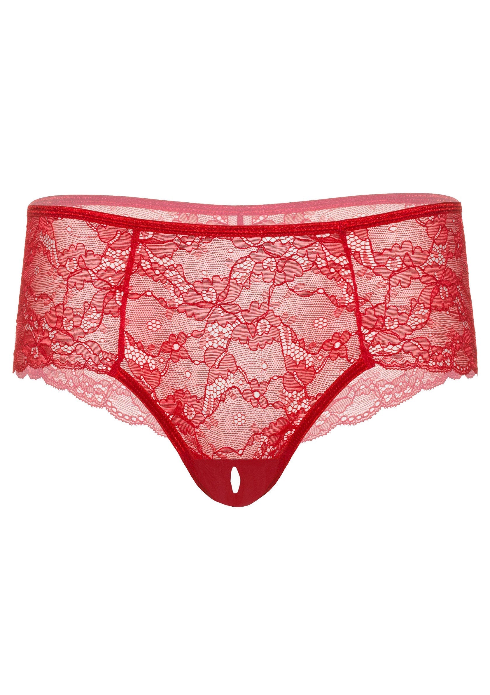 Culotte ouverte rouge en dentelle florale pour une touche séduisante et sensuelle.; Rode open kruis slip van bloemenkant voor een verleidelijke en sensuele touch.; Red open crotch panty in floral lace for a seductive and sensual touch.