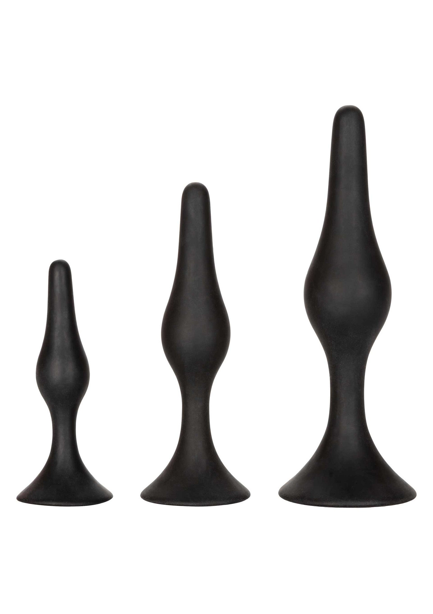 Ensemble de plugs anaux noirs de différentes tailles pour une exploration progressive. Découvrez de nouvelles sensations.; Set zwarte anale buttplugs in verschillende maten voor progressieve verkenning. Ontdek nieuwe sensaties.; Set of black butt plugs in varying sizes for progressive exploration. Discover new sensations.