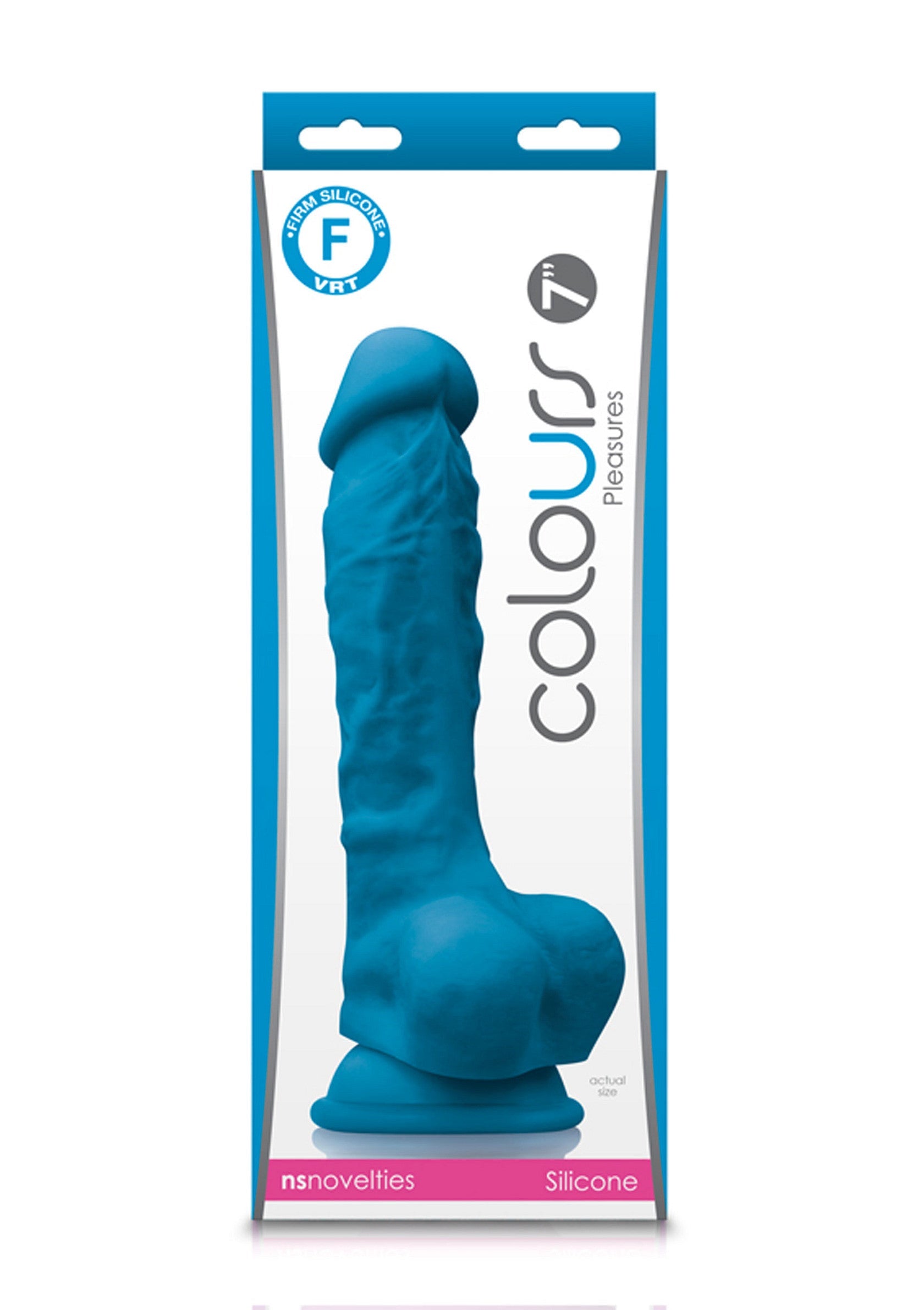 Gode réaliste bleu 7" Colours Pleasures, silicone ferme VHT, idéal pour explorations anales et vaginales.; 7" Colours Pleasures blauwe realistische dildo, stevig VHT siliconen, ideaal voor anale en vaginale exploratie.; 7" Colours Pleasures blue realistic dildo, firm VHT silicone, ideal for anal and vaginal exploration.