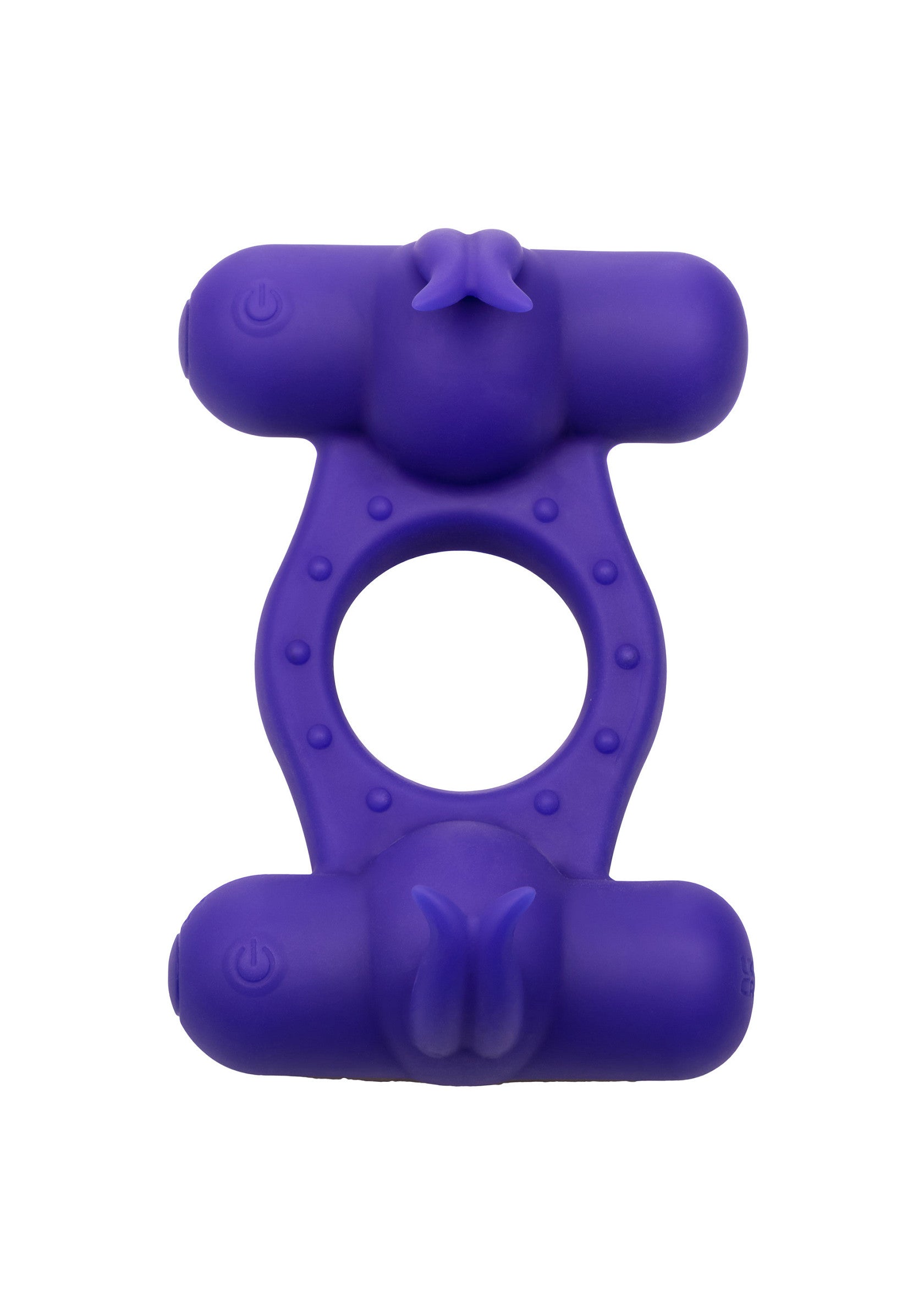 Anneau vibrant violet pour couple, avec stimulateur clitoridien intégré.; Paarse vibrerende ring voor koppels, met ingebouwde clitorisstimulator.; Purple vibrating couple's ring with built-in clitoral stimulator.