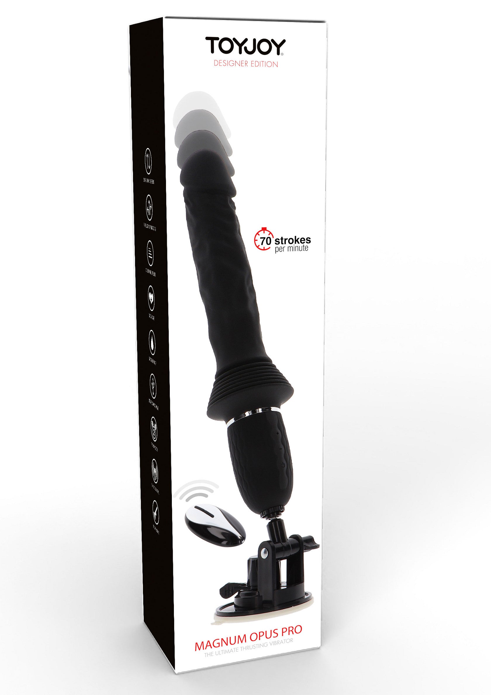 ToyJoy Magnum Opus Pro : plaisir mains libres avec ventouse et télécommande pour une expérience intense.; ToyJoy Magnum Opus Pro: handsfree plezier met zuignap en afstandsbediening voor een intense ervaring.; ToyJoy Magnum Opus Pro: hands-free fun with suction cup & remote for an intense experience.