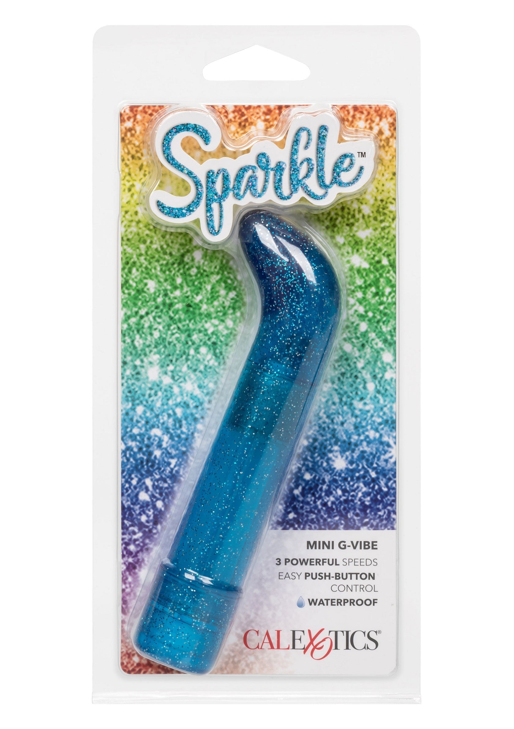 Mini vibromasseur G-Vibe étincelant bleu. 3 vitesses, bouton facile, étanche. Plaisir garanti !; Mini G-Vibe vibrator met glitters. 3 standen, eenvoudige knop, waterdicht. Gegarandeerd plezier!; Sparkle Mini G-Vibe. Blue, glittery, 3 speeds, easy push-button, waterproof. Adult novelty item.