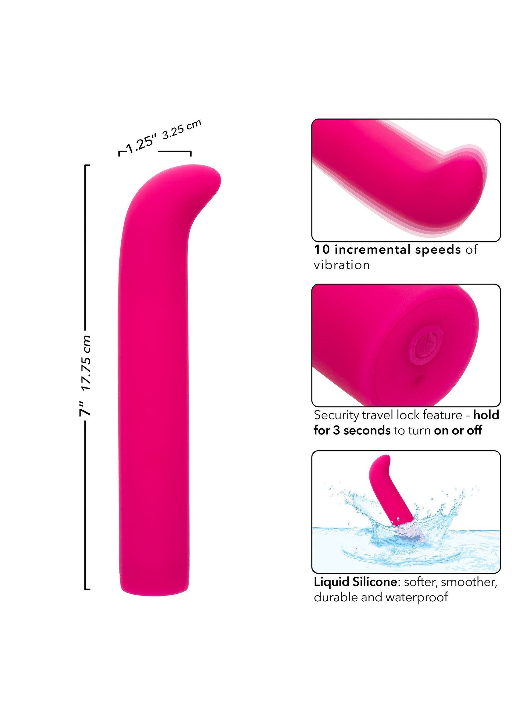 Vibromasseur en silicone liquide rose étanche avec 10 vitesses et verrouillage de voyage.; Roze, waterdichte liquid silicone vibrator met 10 snelheden en reisvergrendeling.; Pink, waterproof liquid silicone vibrator with 10 speeds and travel lock.