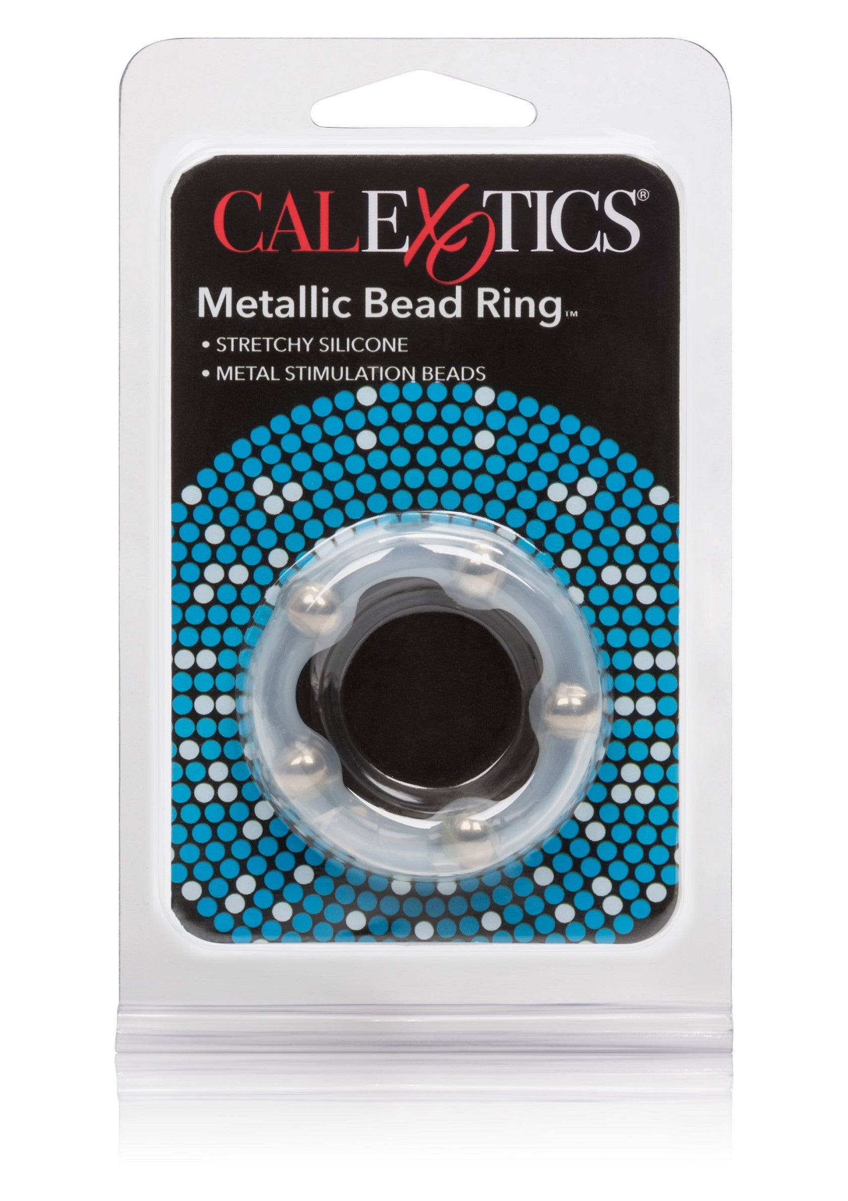 Anneau pénien CalExotics Metallic Bead Ring en silicone extensible avec billes de stimulation en métal.; CalExotics Metallic Bead Ring penisring van rekbaar siliconen met metalen stimulerende kralen.; CalExotics Metallic Bead Ring cock ring made of stretchy silicone with metal stimulation beads.