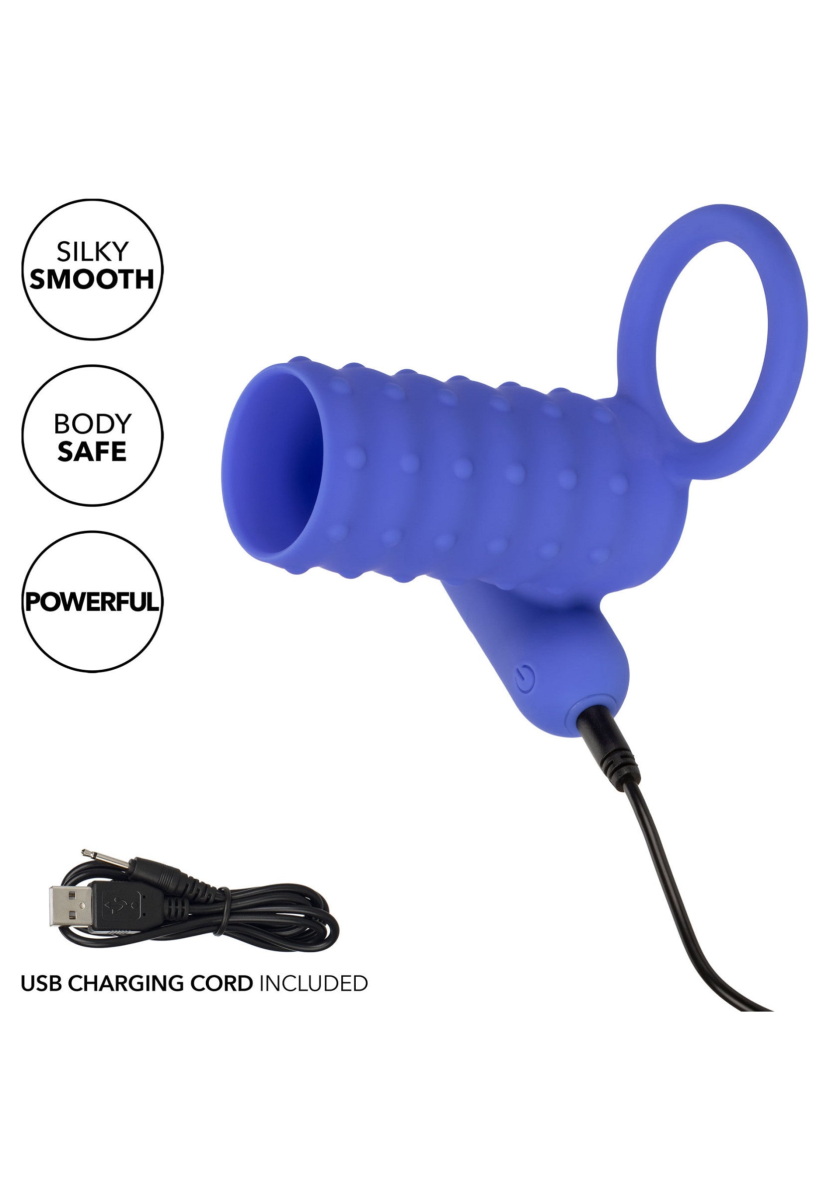Vibrateur pour couple rechargeable bleu avec anneau de maintien inclus. Puissant, doux et sûr pour le corps.; Blauwe oplaadbare vibrator voor koppels met inbegrepen vasthoudring. Krachtig, glad en veilig voor het lichaam.; Blue rechargeable couple vibrator with included holding ring. Powerful, silky smooth, and body safe.