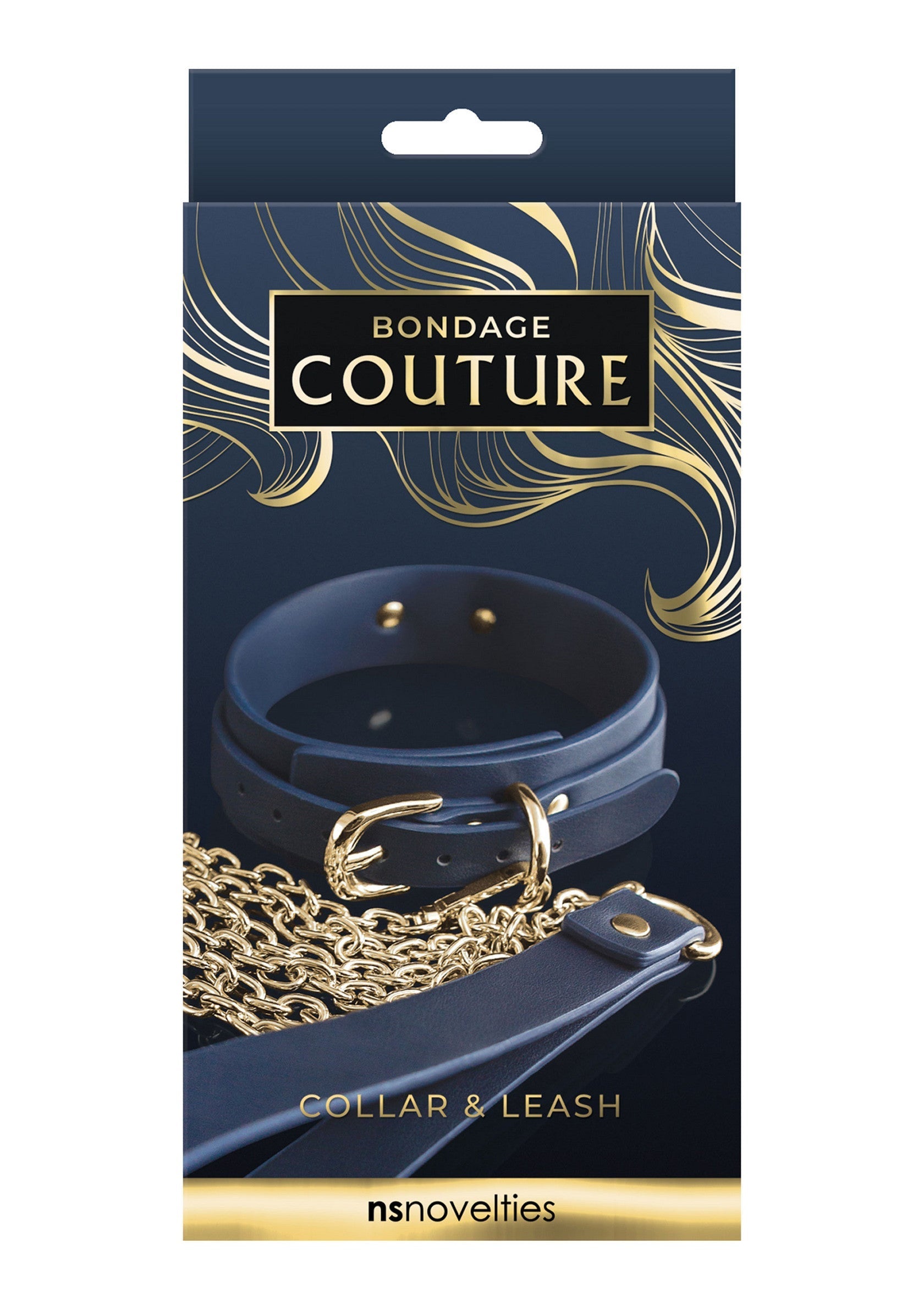 Collier et laisse Bondage Couture bleu marine et doré, élégant et raffiné.; Bondage Couture halsband en riem in marineblauw en goud, elegant en verfijnd.; Bondage Couture collar and leash in navy and gold, elegant and refined.