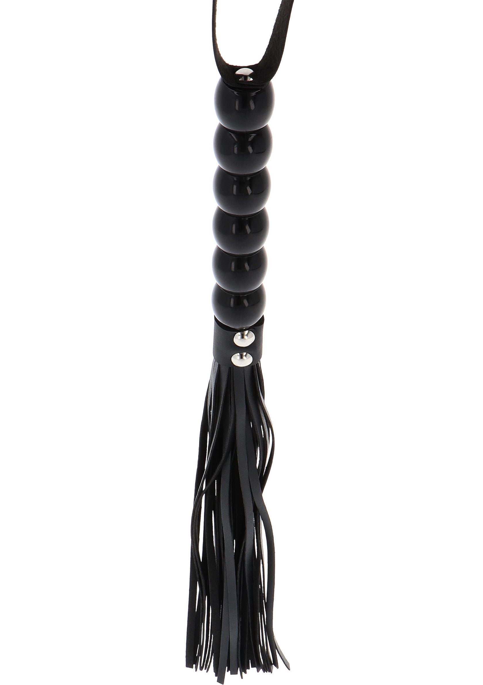 Cravache noire élégante avec des perles et des franges en cuir pour une expérience unique et sensuelle.; Elegante zwarte zweep met kralen en leren franjes voor een unieke en sensuele ervaring.; Elegant black flogger with beads and leather fringes for a unique and sensual experience.