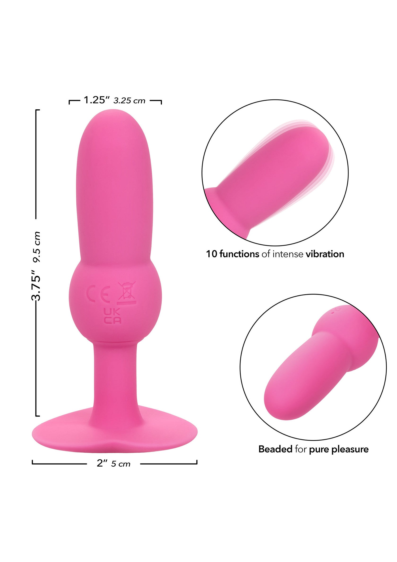 Plug anal vibrant rose pour plaisir intense. Explorez le plaisir avec 10 fonctions de vibration et une texture perlée.; Roze vibrerende anaalplug voor intense plezier. Ontdek genot met 10 vibratiefuncties en een textuur met kralen.; Pink vibrating butt plug for intense pleasure. Explore enjoyment with 10 vibration functions and beaded texture. 